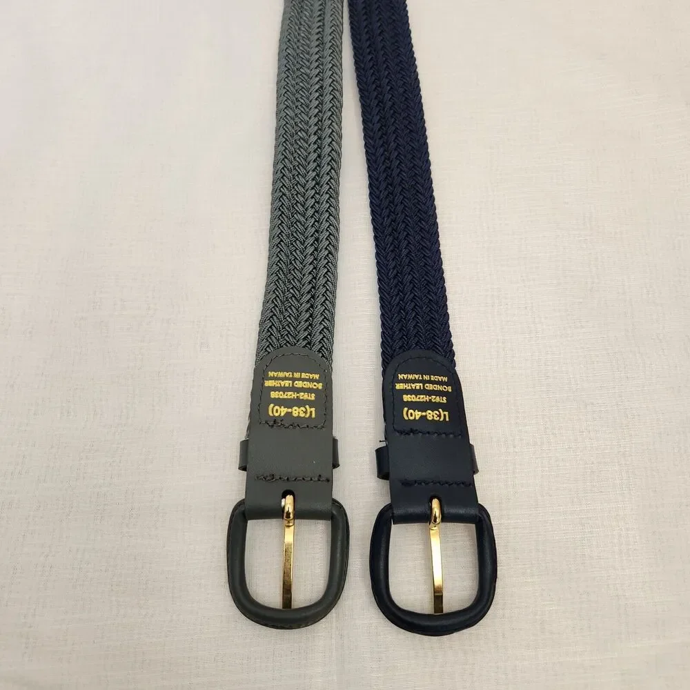 Mens Navy & Gray Woven Stretch Covered Buckle Leather Belt Size L-38-40 Set of 2