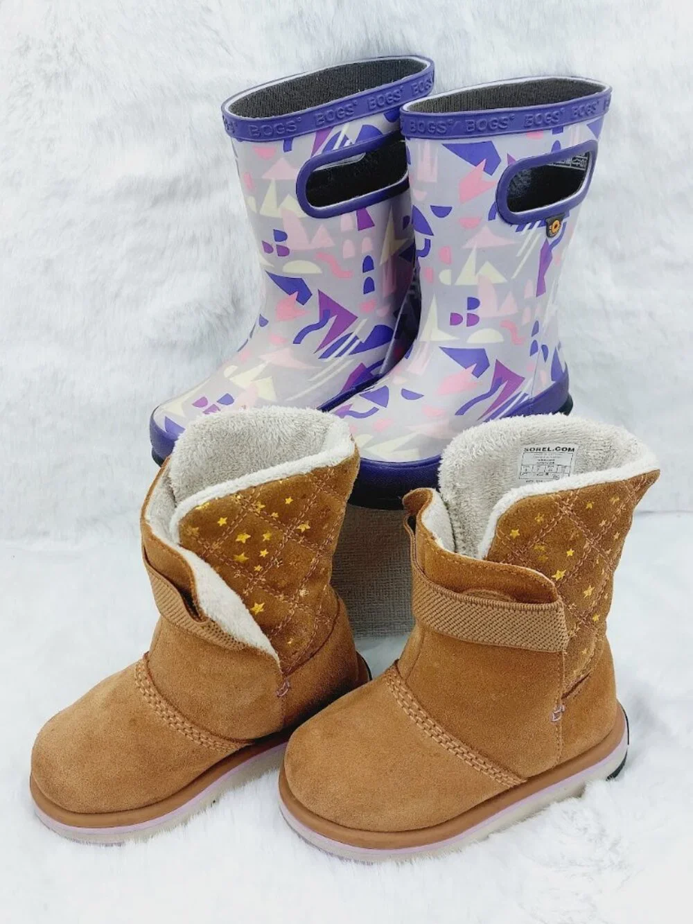 Set of 2 Sorel Bogs Girl's Brown Purple Suede Waterproof Ankle Snow Boots Size 8