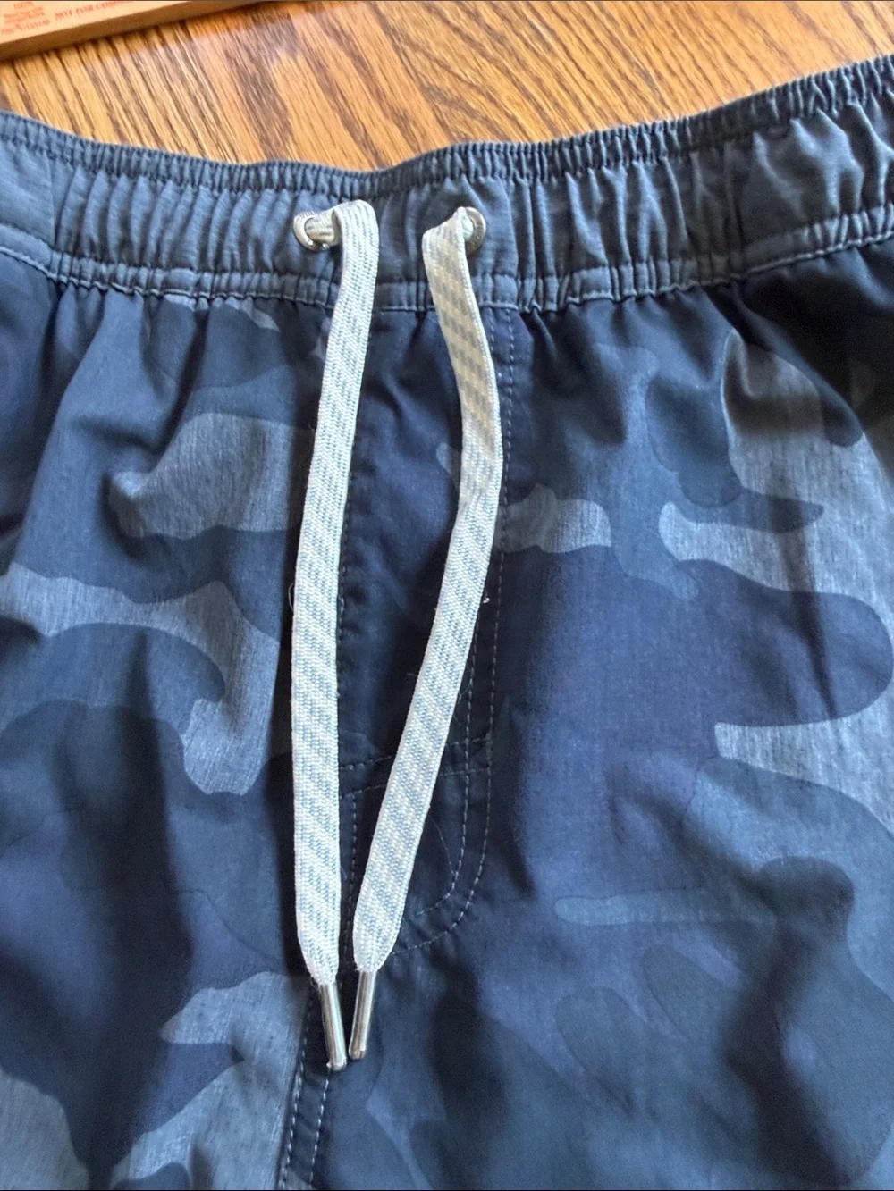 Vuori Men’s Navy Camo Swim Trunks with Light Blue Drawstring