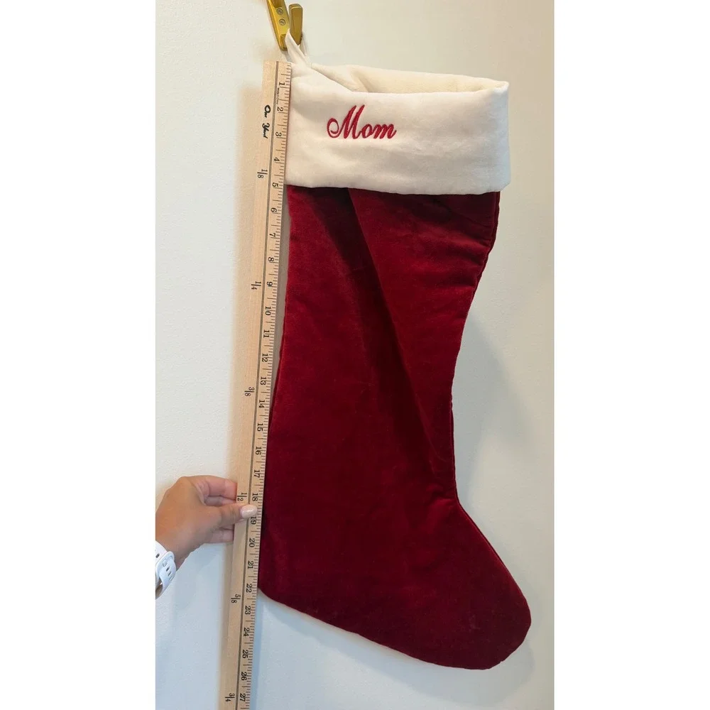 Pottery Barn Red Velvet Christmas Stocking XL Mom Embroidered White Cuff 22 In