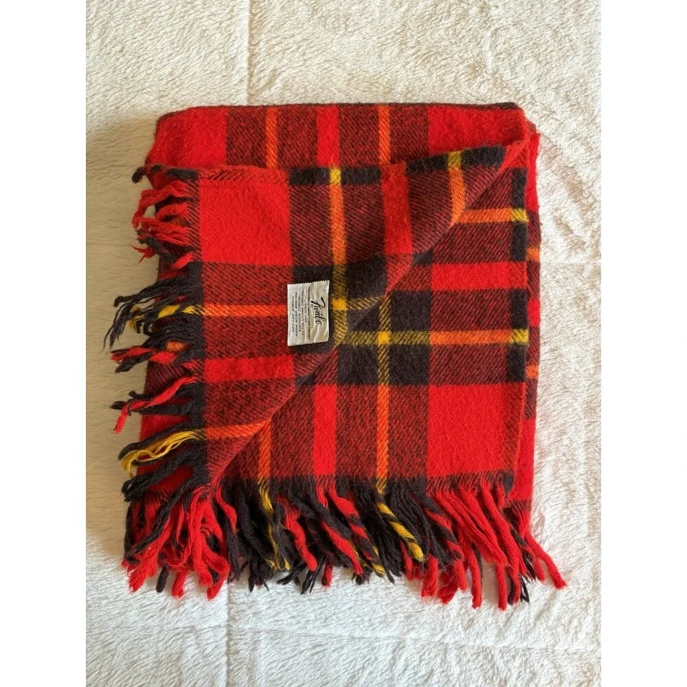 Vintage Faribo Acrylic Blanket Plaid Red Black Yellow 54