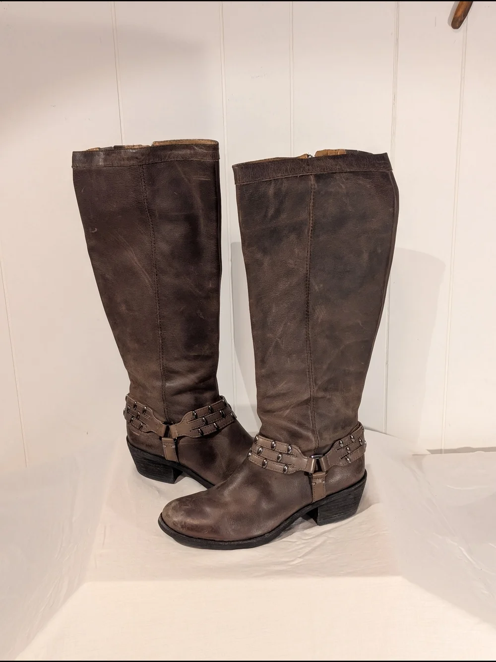 ANTONIO MELANI Brown Tall Leather Boots with Harness Detail