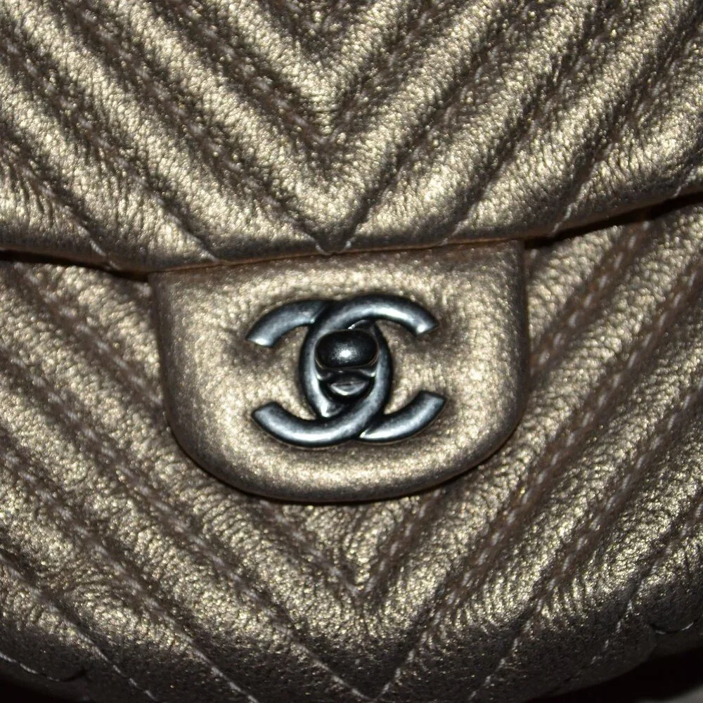 Chanel Bronze Leather Mini Chevron Messenger Shoulder Crossbody Handbag
