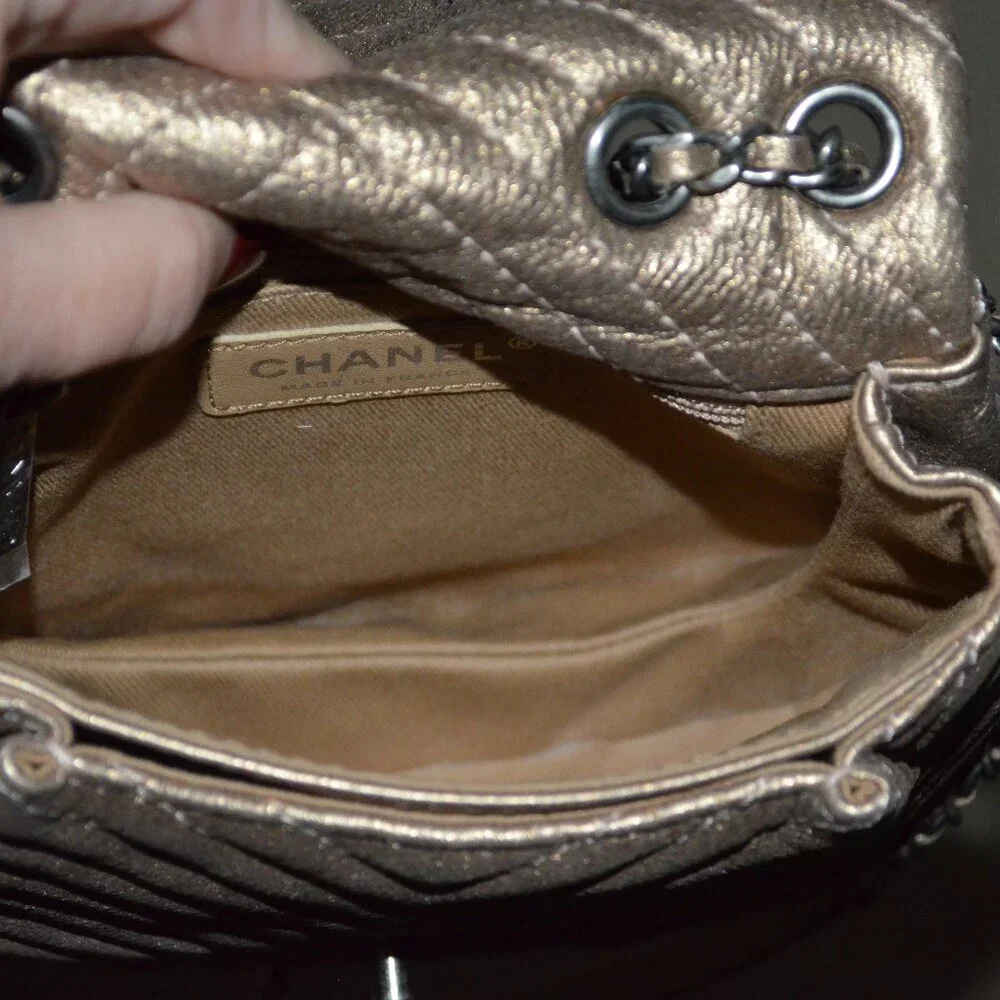 Chanel Bronze Leather Mini Chevron Messenger Shoulder Crossbody Handbag