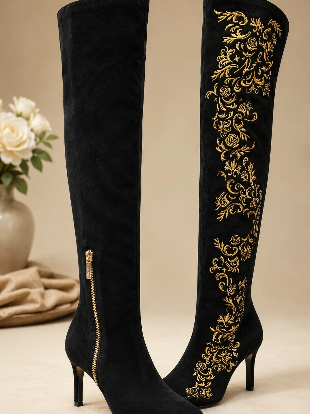 Karl Lagerfeld Black Over-the-Knee Boots with Gold Embroidery