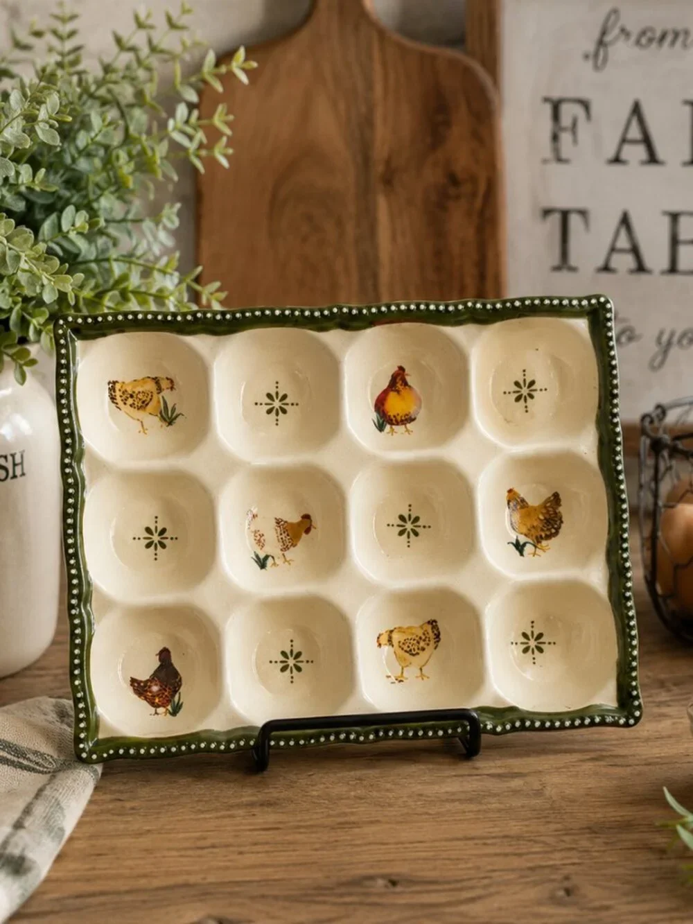 Cream & Green Ceramic Egg Serving Tray with Rooster Motif