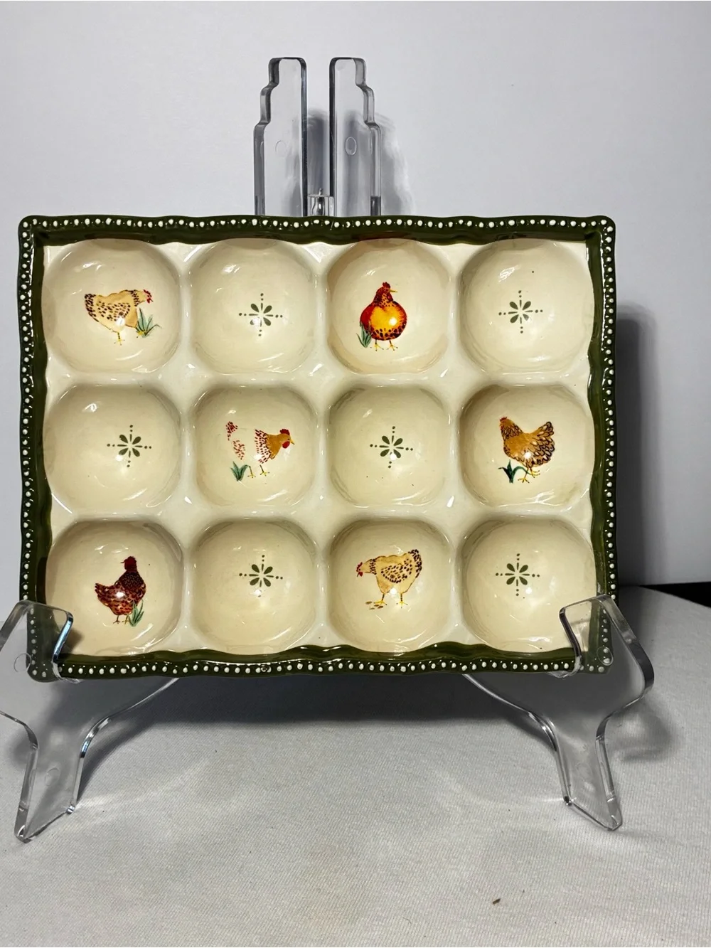 Cream & Green Ceramic Egg Serving Tray with Rooster Motif