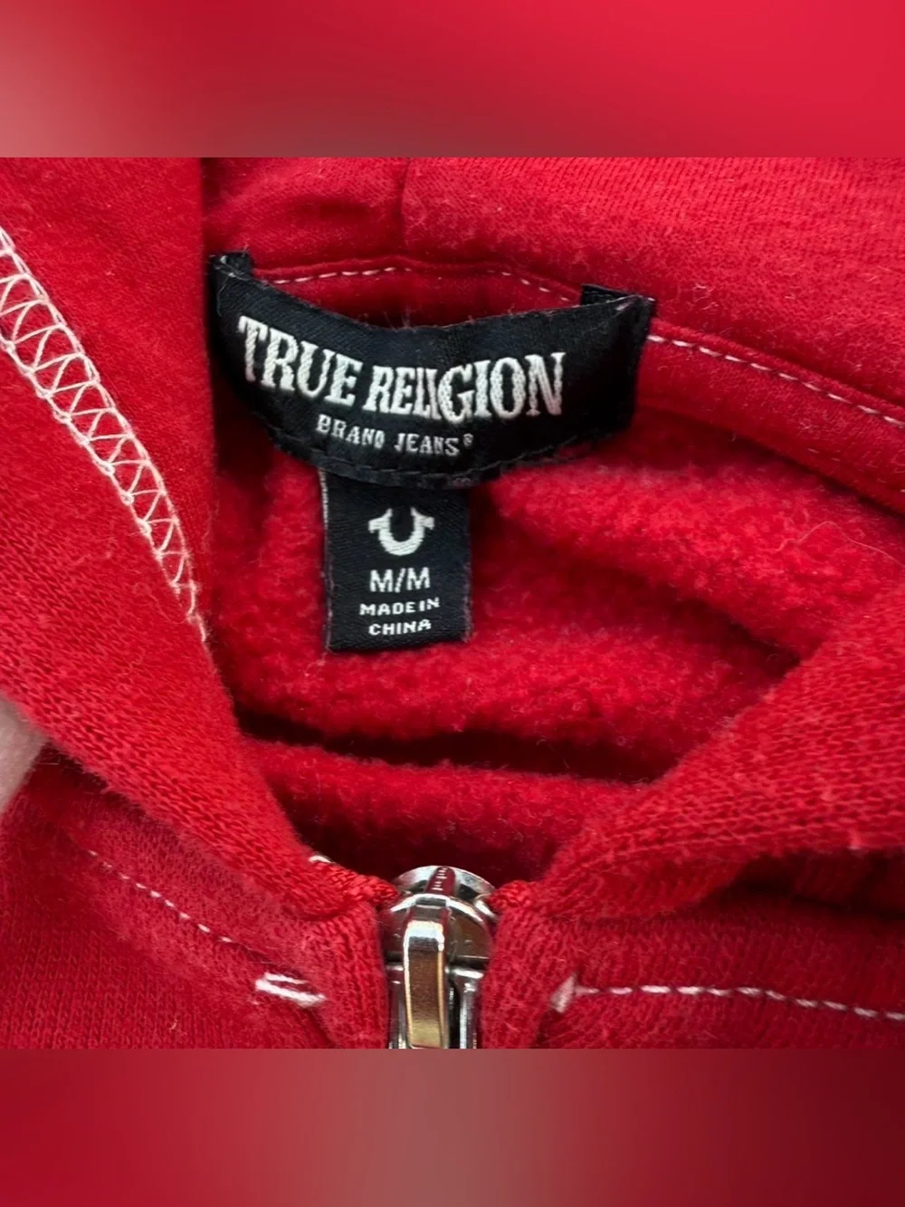 True Religion Red Hooded Zip-Up Sweatshirt with White Drawstrings