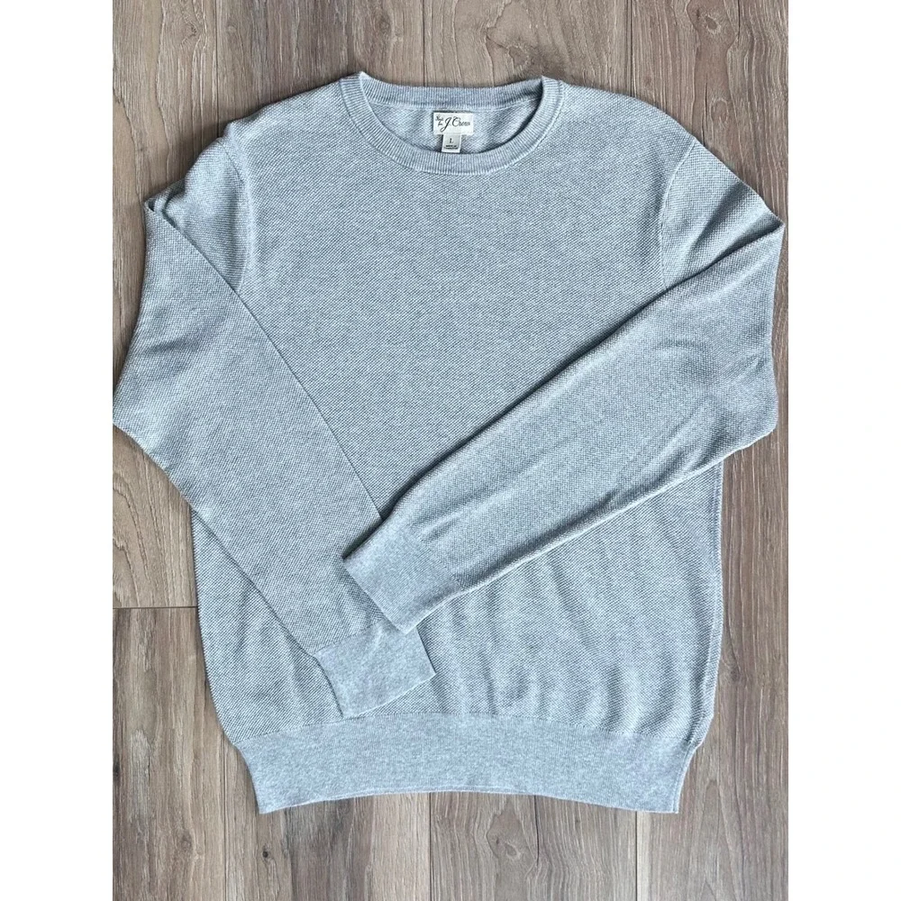 J.Crew‎ Mens Cotton Crewneck Sweater Heather Light Grey Textured Knit Size L
