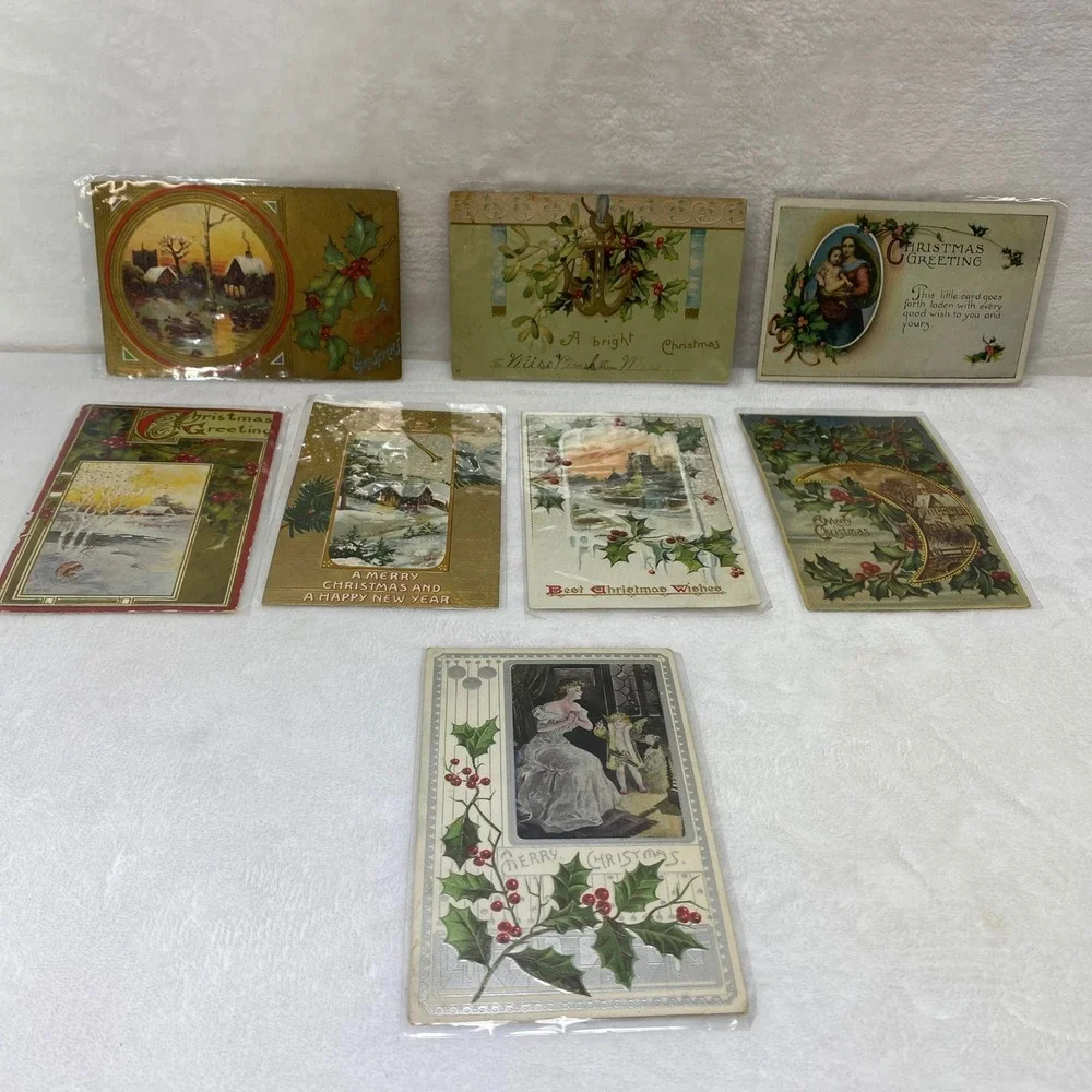 Lot of 8 Antique Early 1900's‎ Christmas Postcards In Protective Sleeves