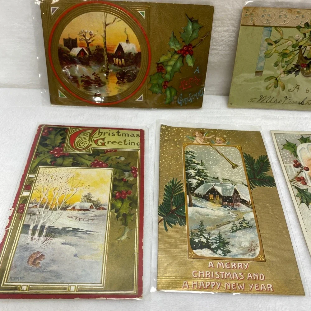 Lot of 8 Antique Early 1900's‎ Christmas Postcards In Protective Sleeves