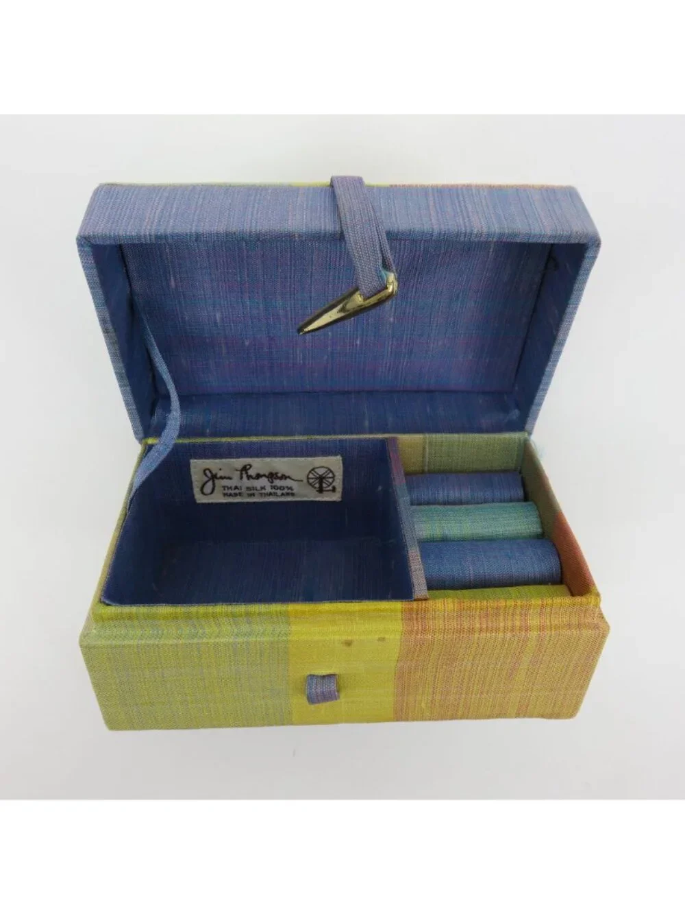 VTG Jim Thompson All Thai Silk Blue Red Yellow Stripe Travel Jewelry Box Holder