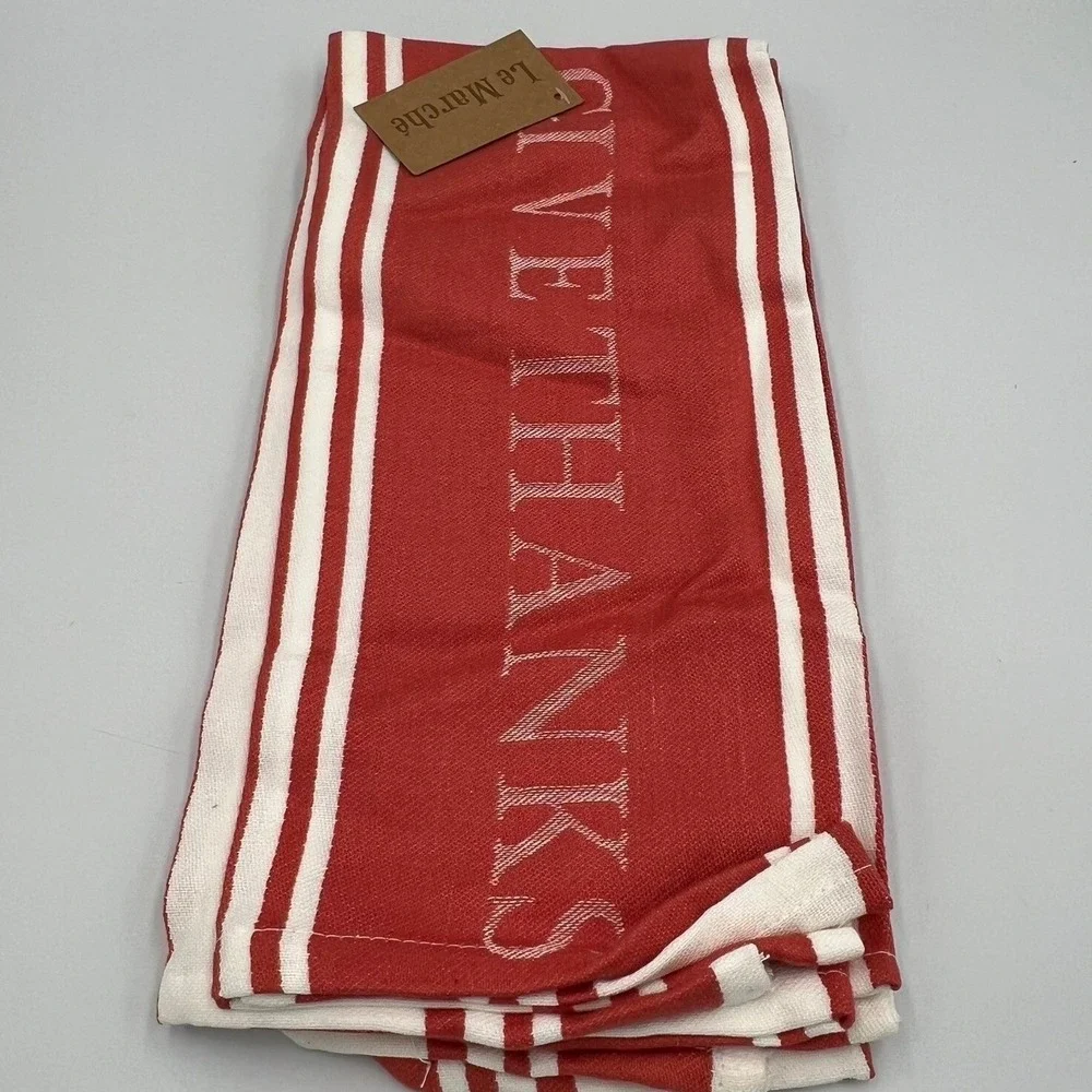 Le Marche Tea Towel Unisex OS Red Brand New Give Thanks Striped Cotton Fall