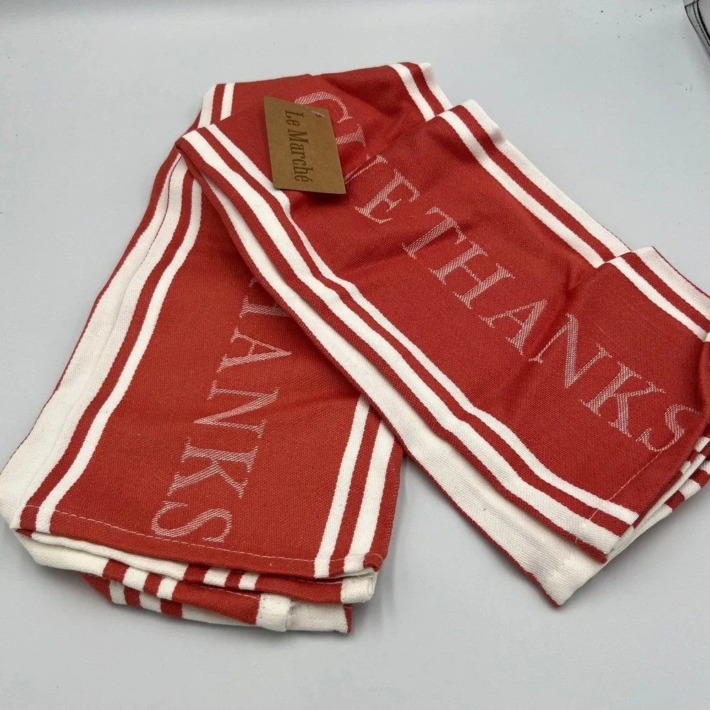 Le Marche Tea Towel Unisex OS Red Brand New Give Thanks Striped Cotton Fall
