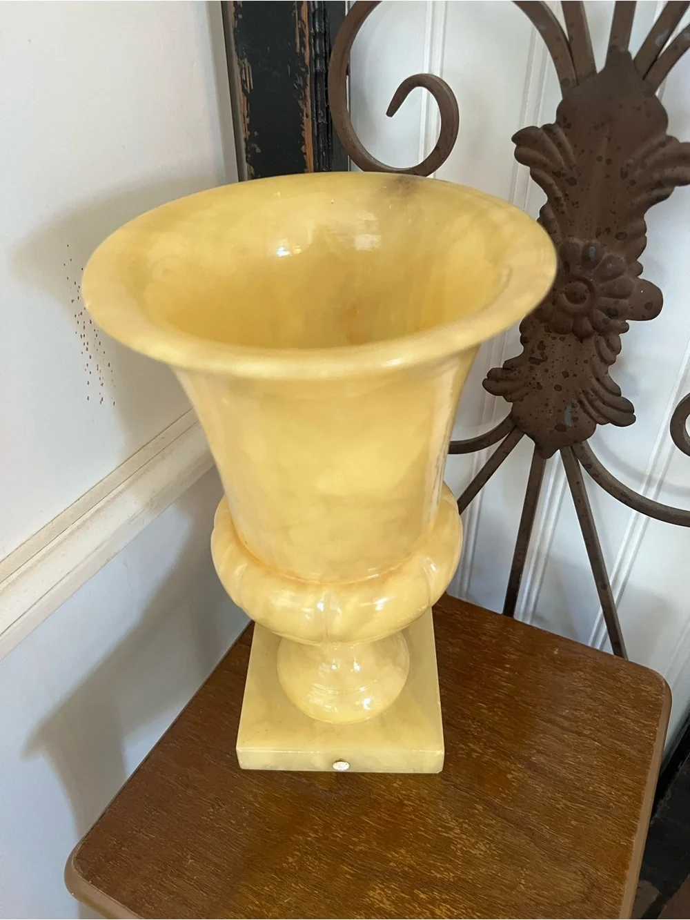 Vintage Neoclassical Alabaster Butter Yellow Urn Vase -