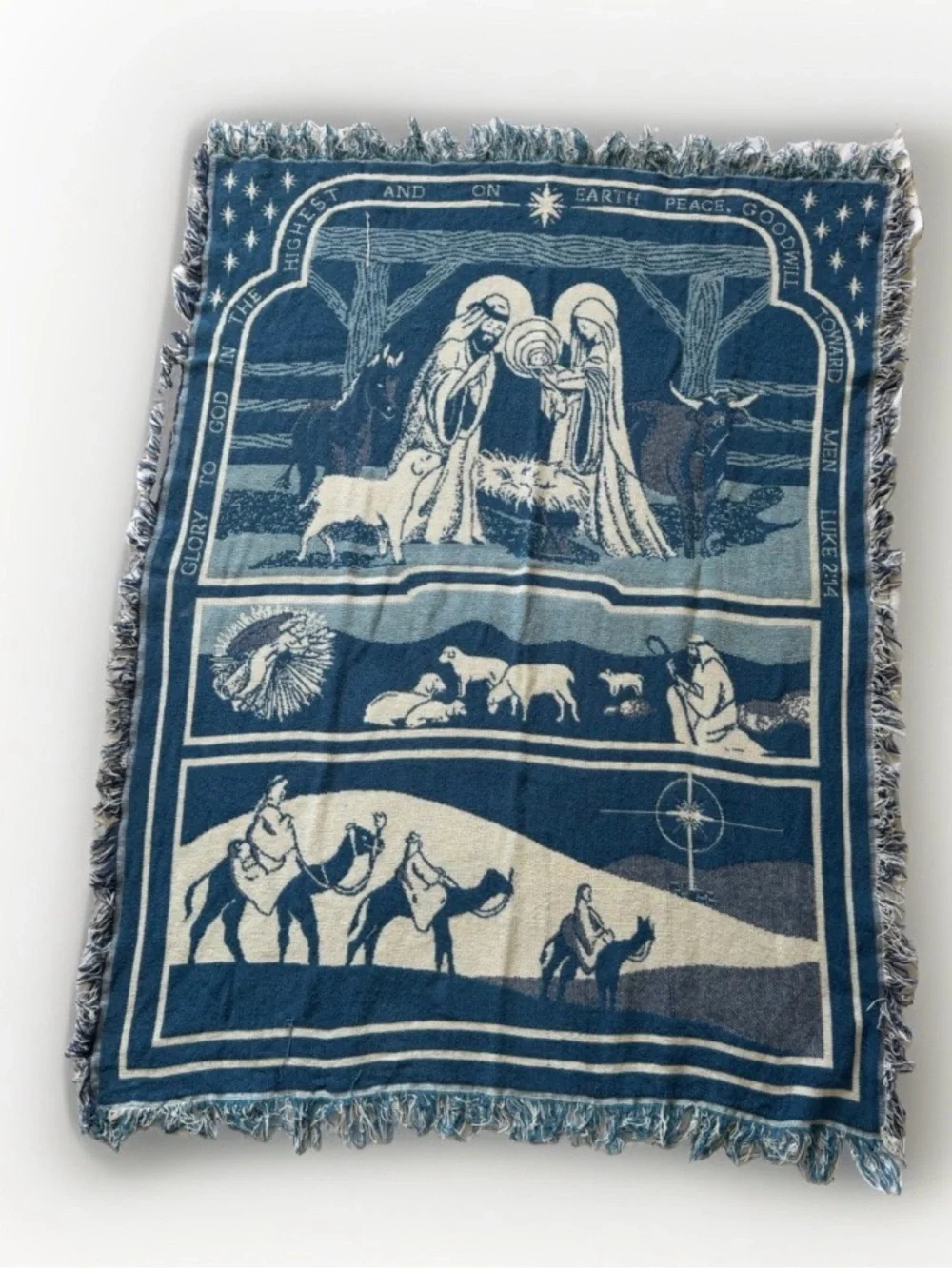 Vintage 90s Crown Crafts Nativity Woven Tapestry Throw Blanket Christmas Holiday