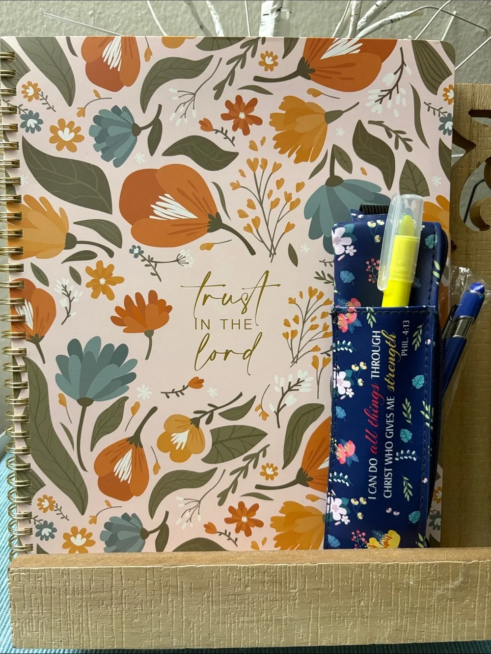 Floral Spiral Notebook with Navy Pen Pouch - Pink & Orange