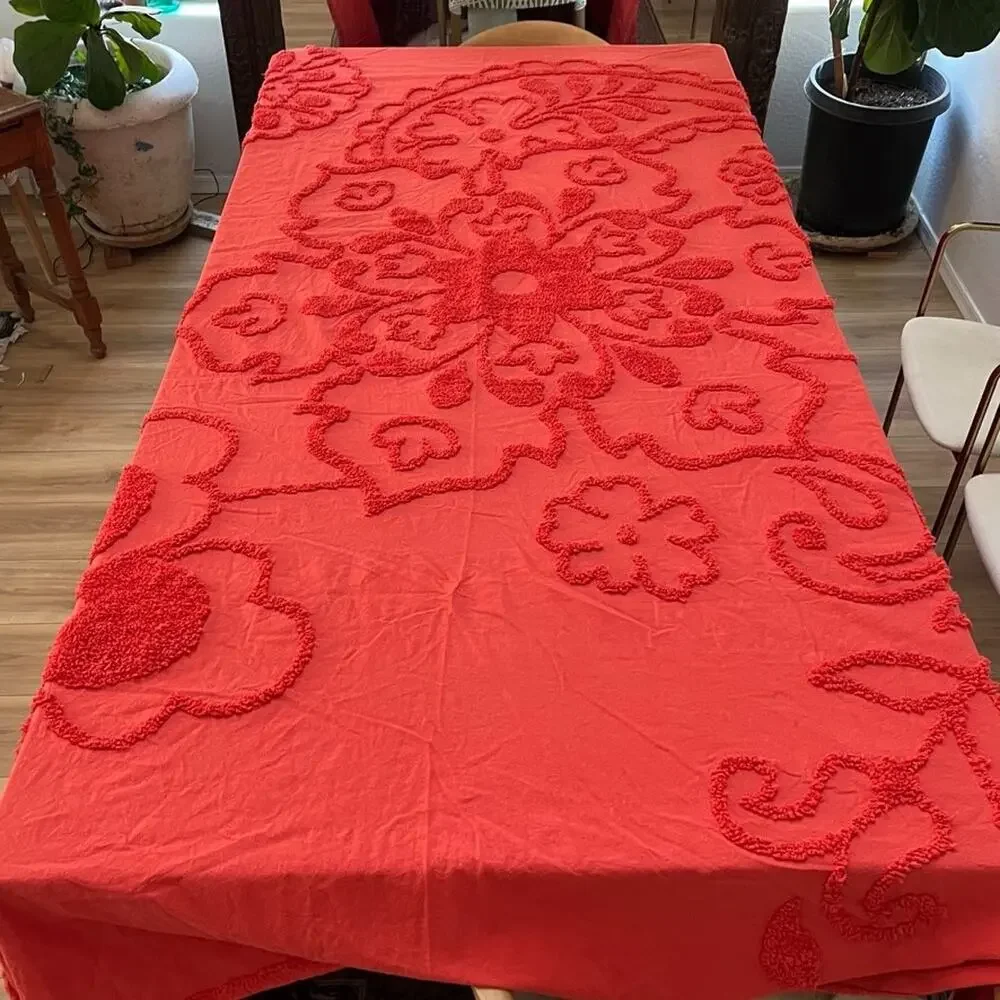 Vintage Red Cotton Chenille Queen Bedspread Floral Tufted Embroidered Design