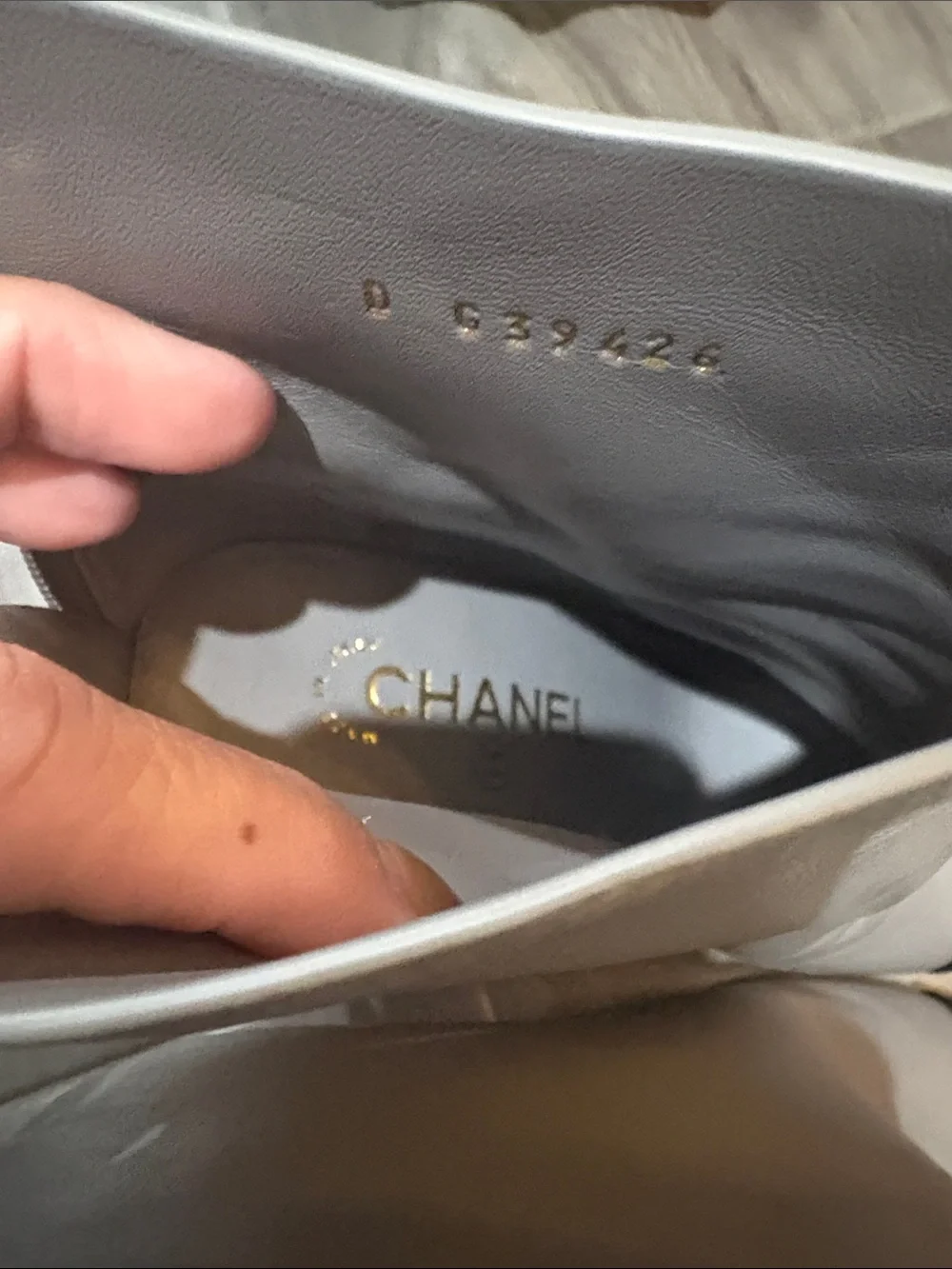 Authentic CHANEL Gray Leather Ankle Boots with Black Cap Toe