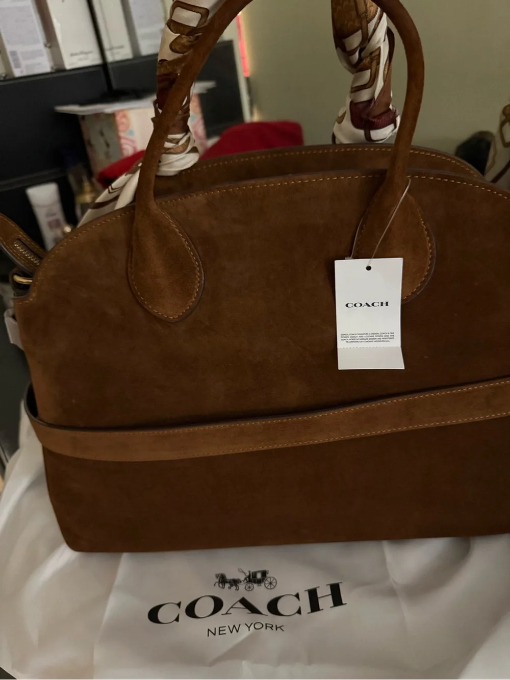 NWT Coach Suede Satchel in Chestnut with Silk-Scarf Wrapped Handles