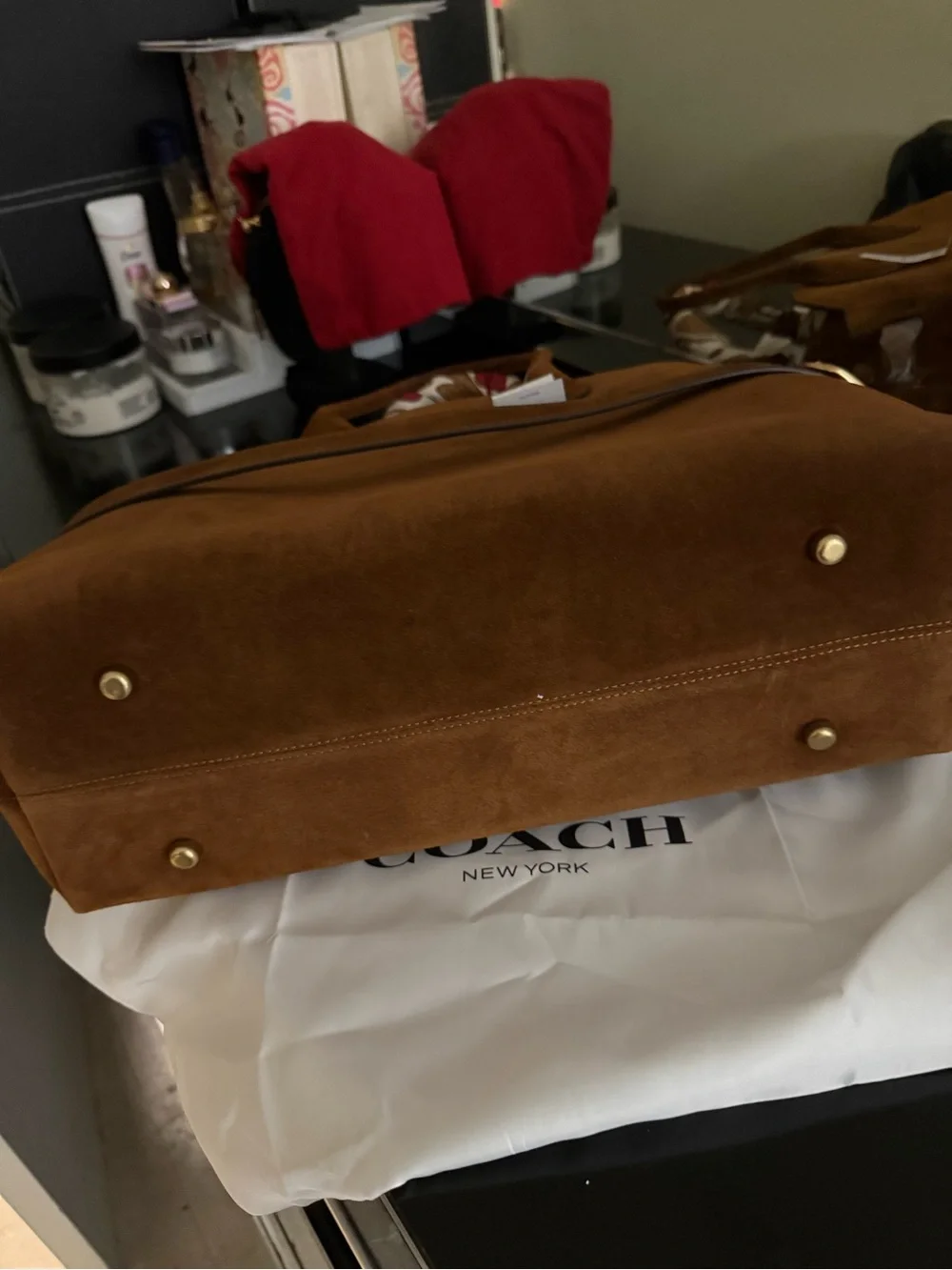 NWT Coach Suede Satchel in Chestnut with Silk-Scarf Wrapped Handles