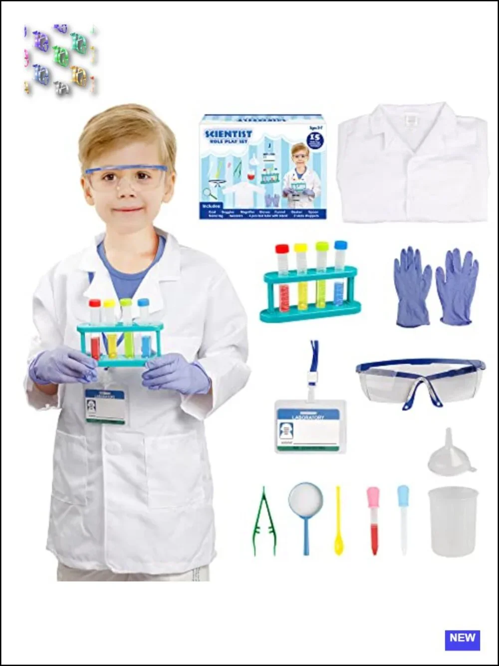 Kids Scientist Costume Lab Coat with 15 Pc STEM Experiment Kit