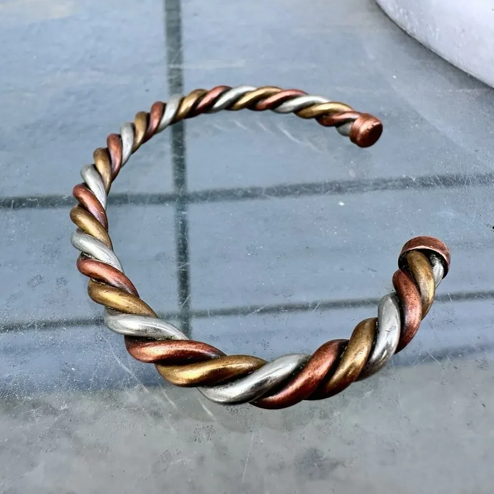Copper Twist Cuff Bracelet Southwest Silver Brass Vintage Mixed Metal Rope Mens