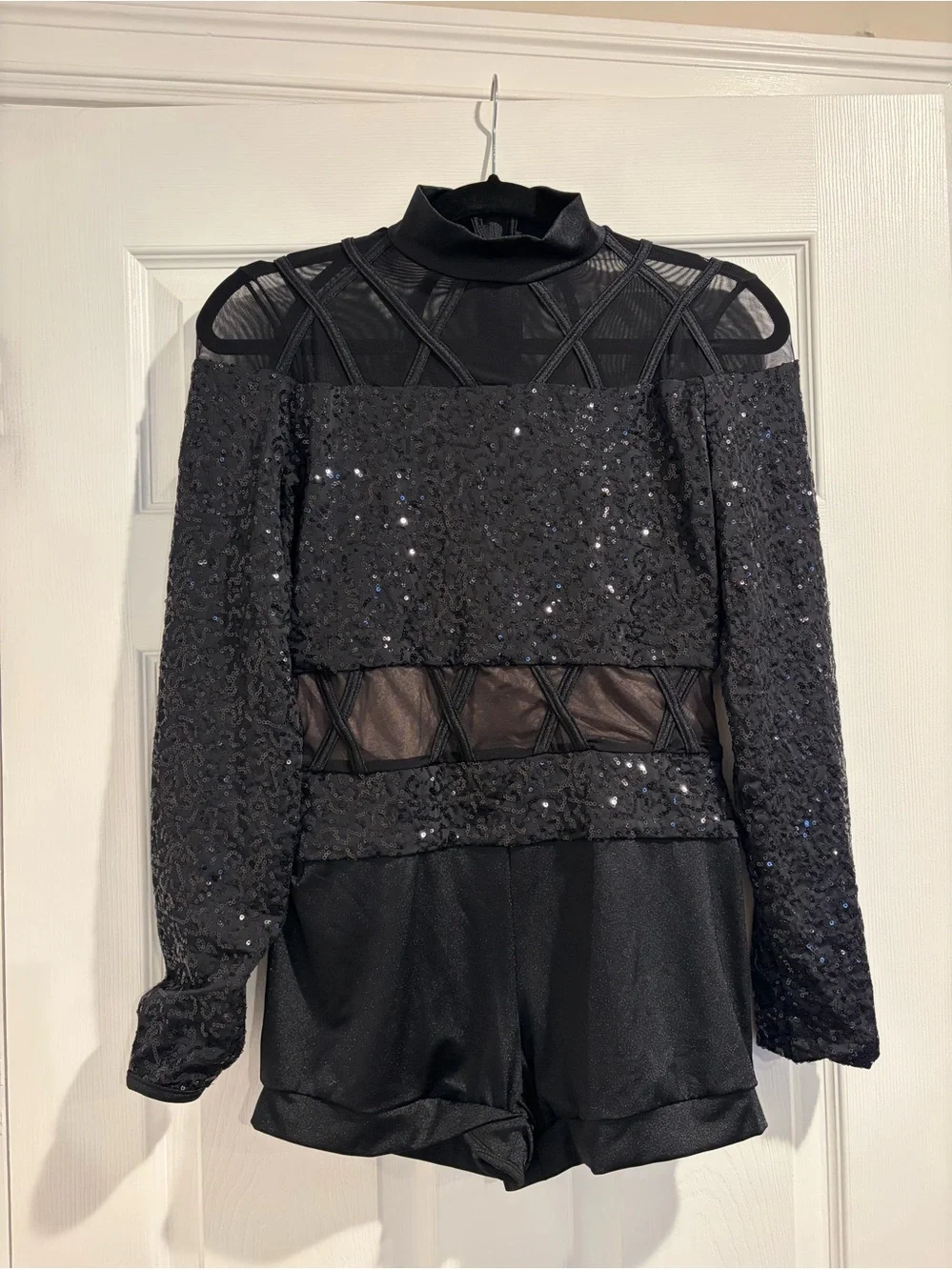 Weissman Black Sequin Long Sleeve Biketard “Love Runs Out”
