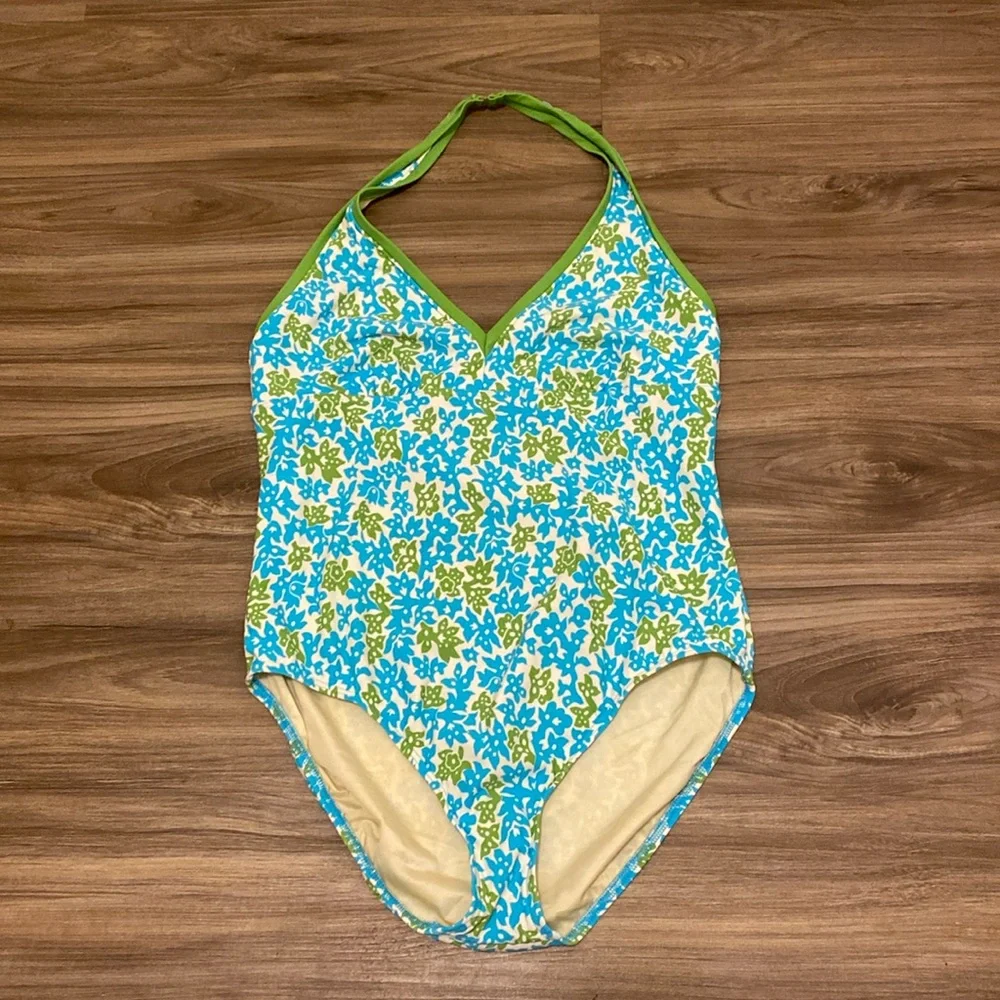 Lands End one-piece halter neck in blue‎ and green design