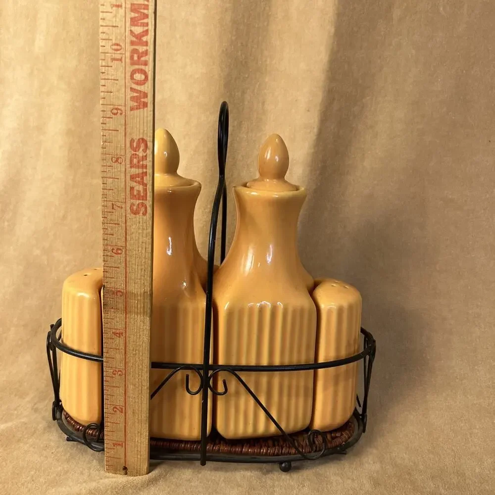 TEMPTATIONS‎ ORANGE CERAMIC OIL & VINEGAR CRUET SALT & PEPPER SHAKER CADDY SET