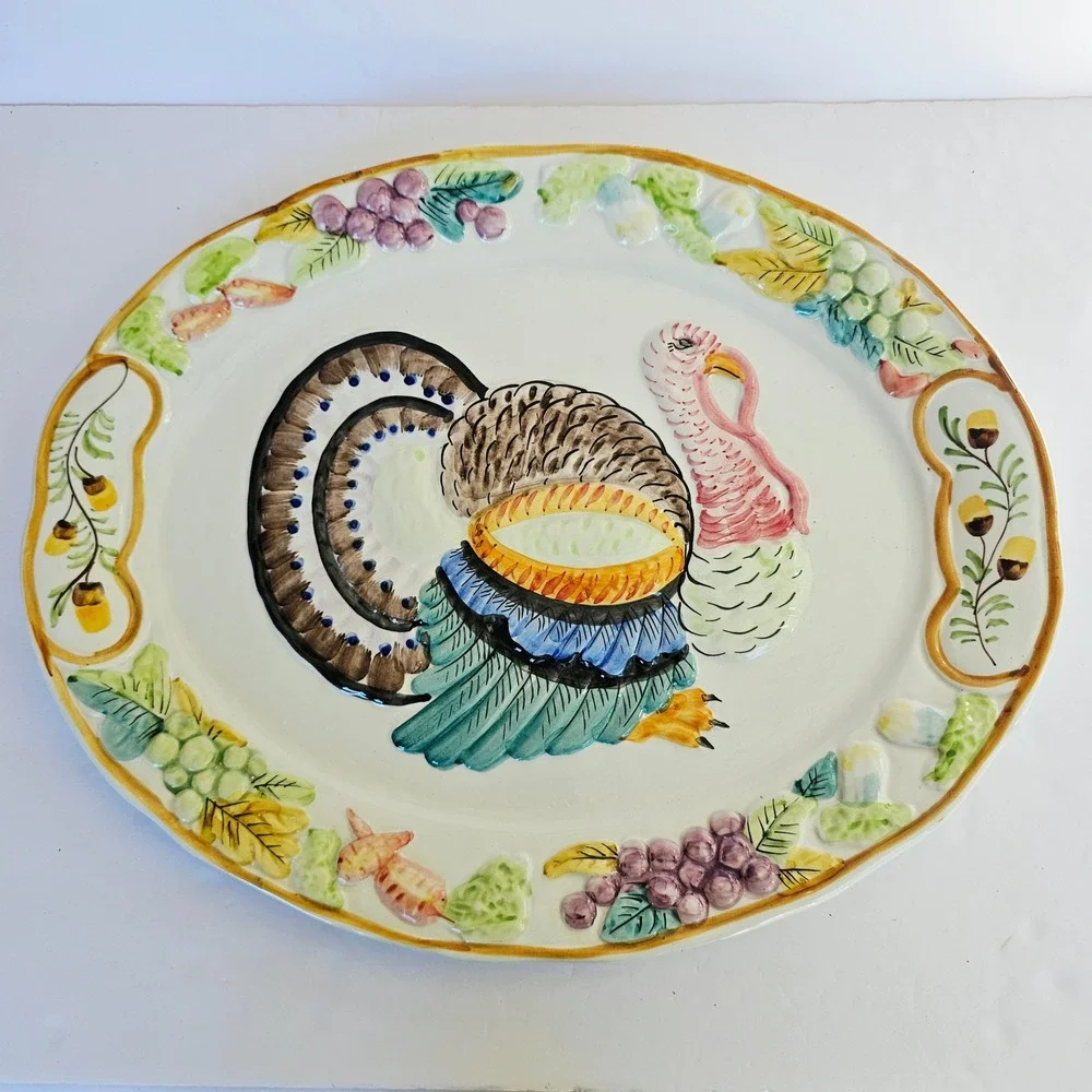 Vintage Nasco Italy Turkey Platter Hand Painted Ceramic Harvest Thanksgiving 20