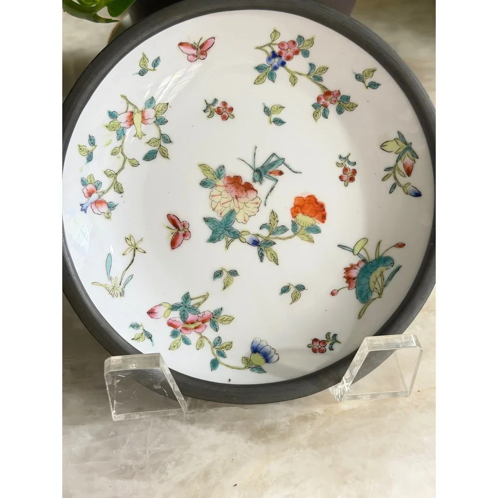 Vtg‎ Pewter Encased Porcelain Bowl Hong Kong Hand Painted Floral Butterfly 7.25