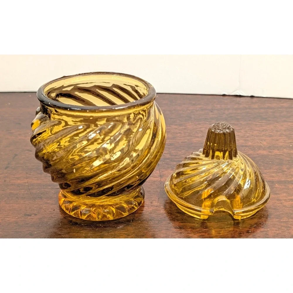 Vintage Amber Swirl Glass Mustard Jam Jar w Lid Spoon Slot MCM Retro Tableware
