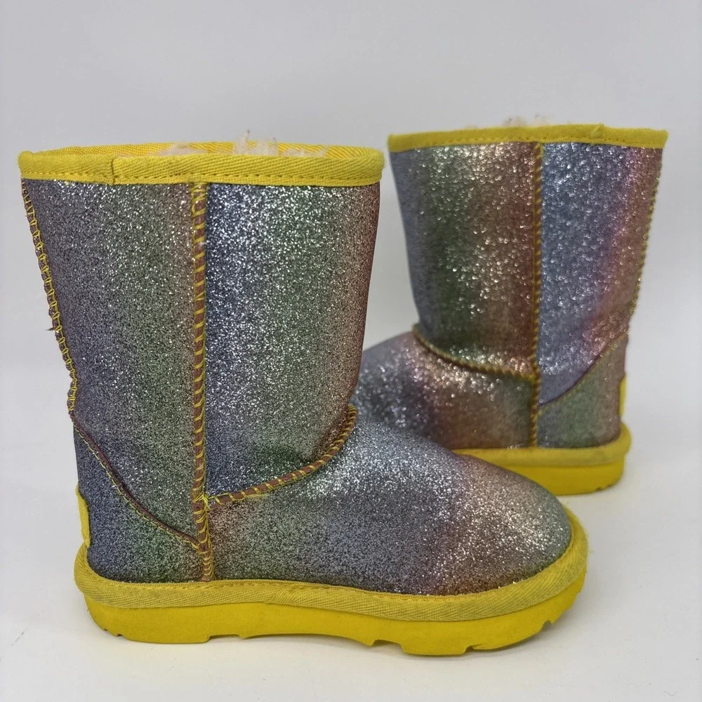 UGG Little Girl 10 Rainbow Glitter Yellow Trim Classic Short Shearling Fur Lined