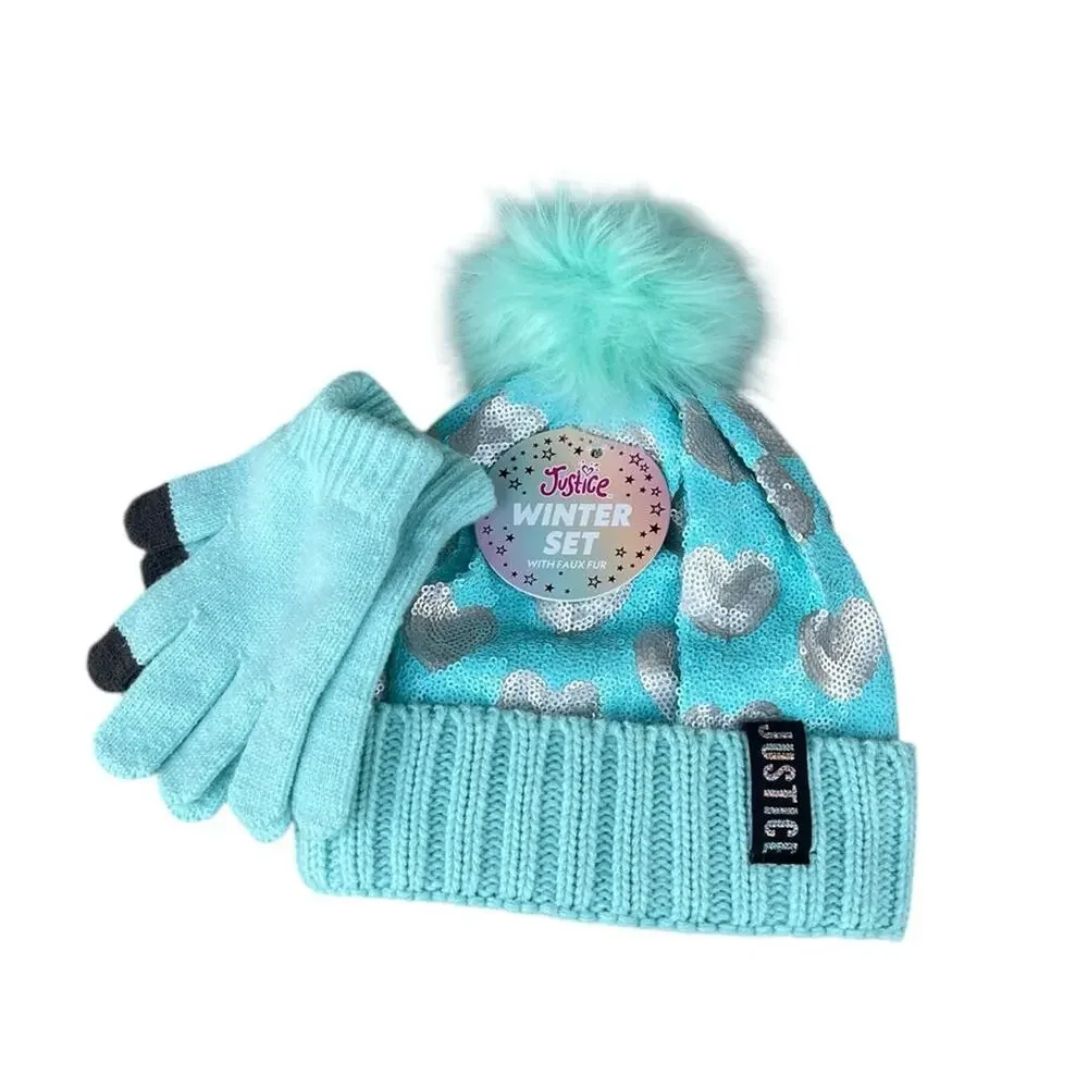 Justice Aqua Beanie Hat and Gloves Set with Silver Hearts NEW