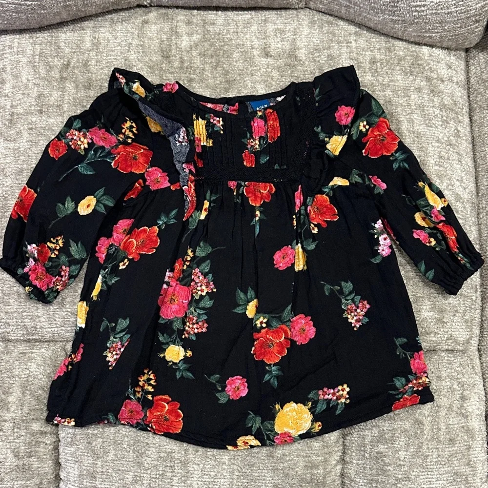 Old Navy Baby Girls Black Floral Ruffle Swing Dress 6-12M