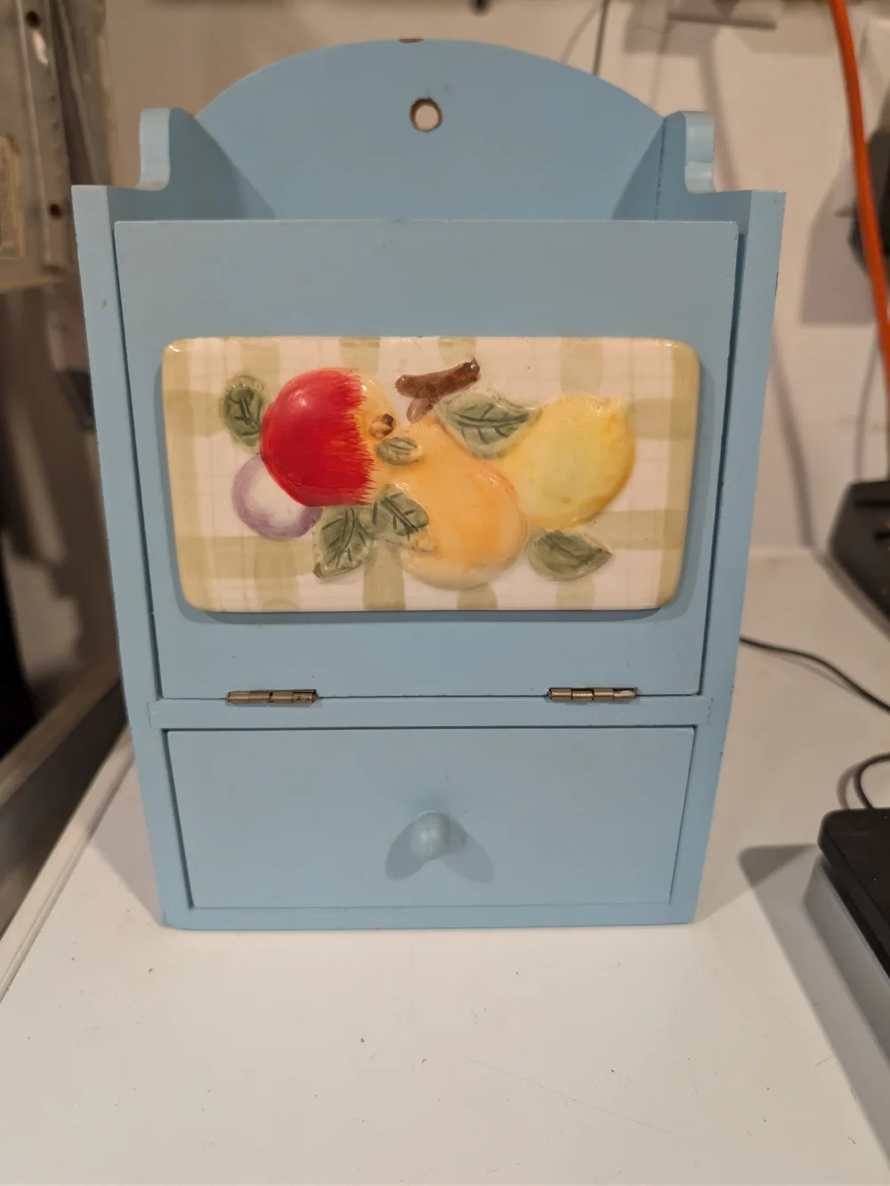 Blue Wooden Fruit Accent Wall Organizer with Drawer Vintage Cottage Core Mcm