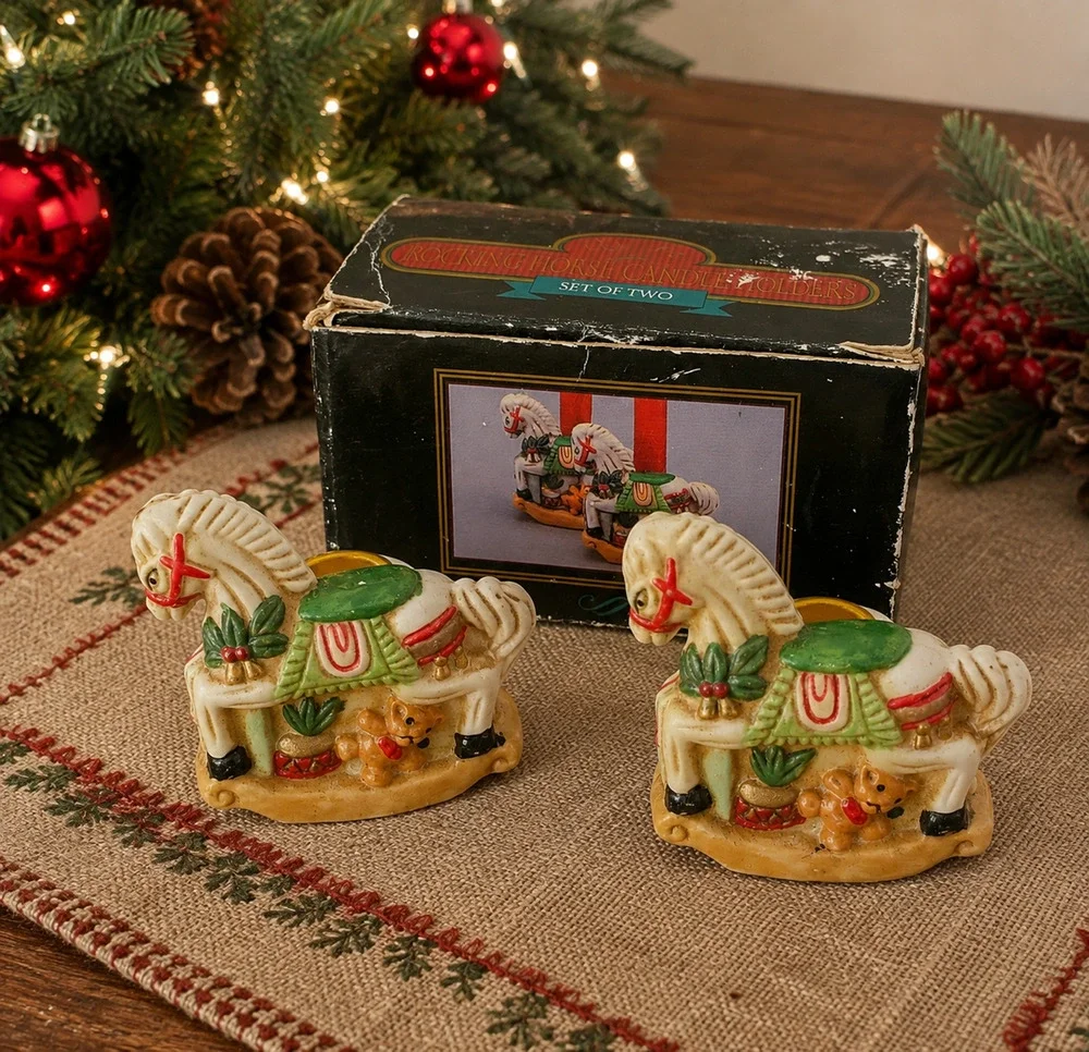 Vintage Noble Hall Rocking Horse Candle Holders Set of 2 Christmas Original Box