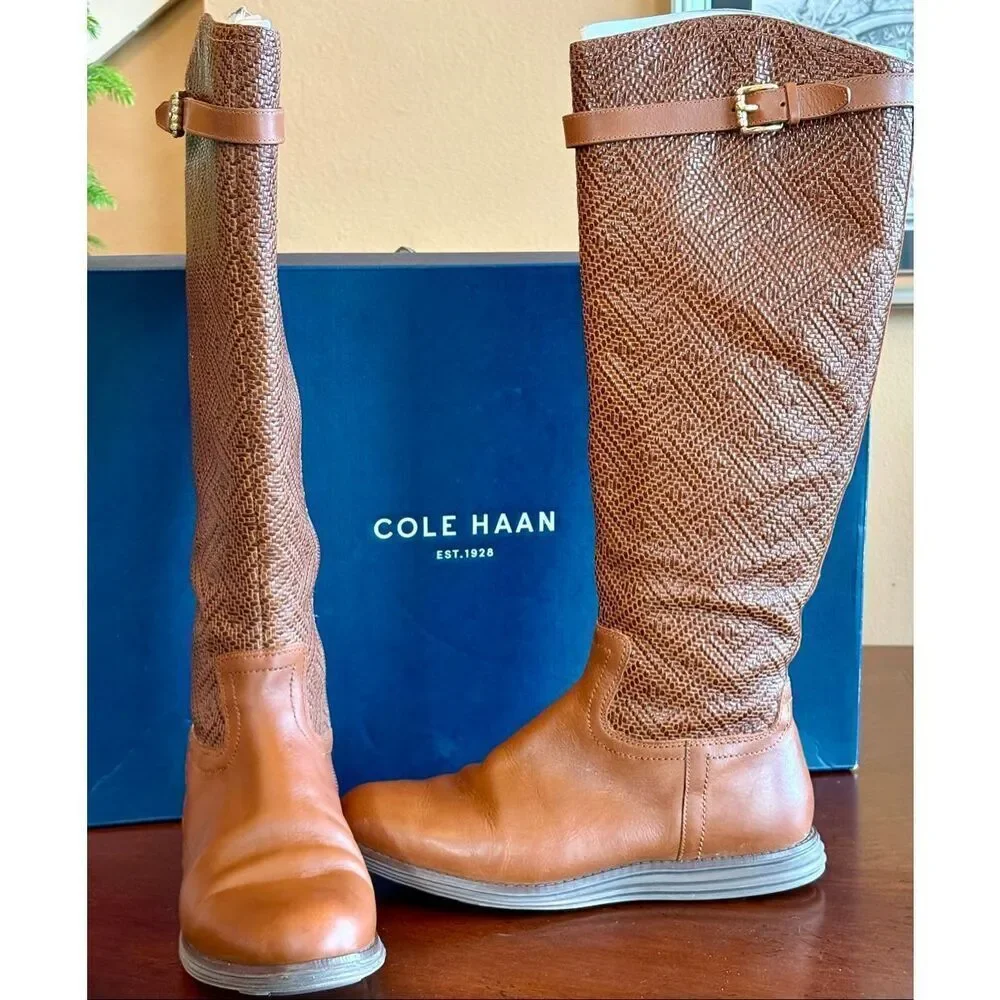 COLE HAAN - L Sz 6B Original Grand OS Woodbury-Weave Leather Tall Boots/Cognac