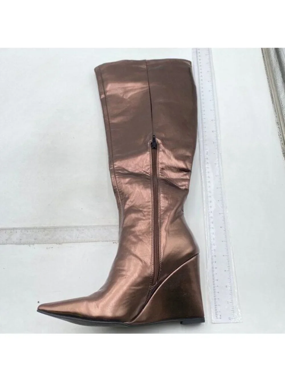 Brown Women Wedge High Heel Pointed Toe Thigh High Boots Comfortable