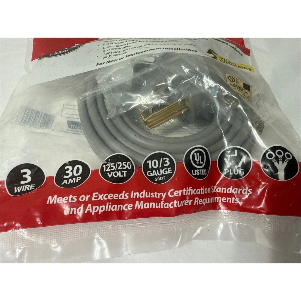 Certified‎ Appliance Accessories 90-1024 Electric Dryer Cord Gray 6ft New