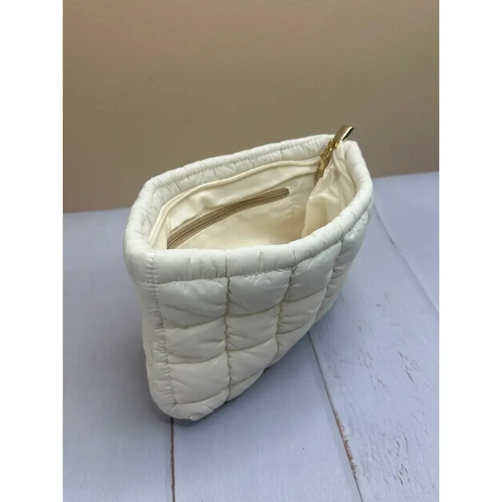 Puffy Quilted Makeup Bag White Checkered Travel Cosmetic Toiletry‎ NEW