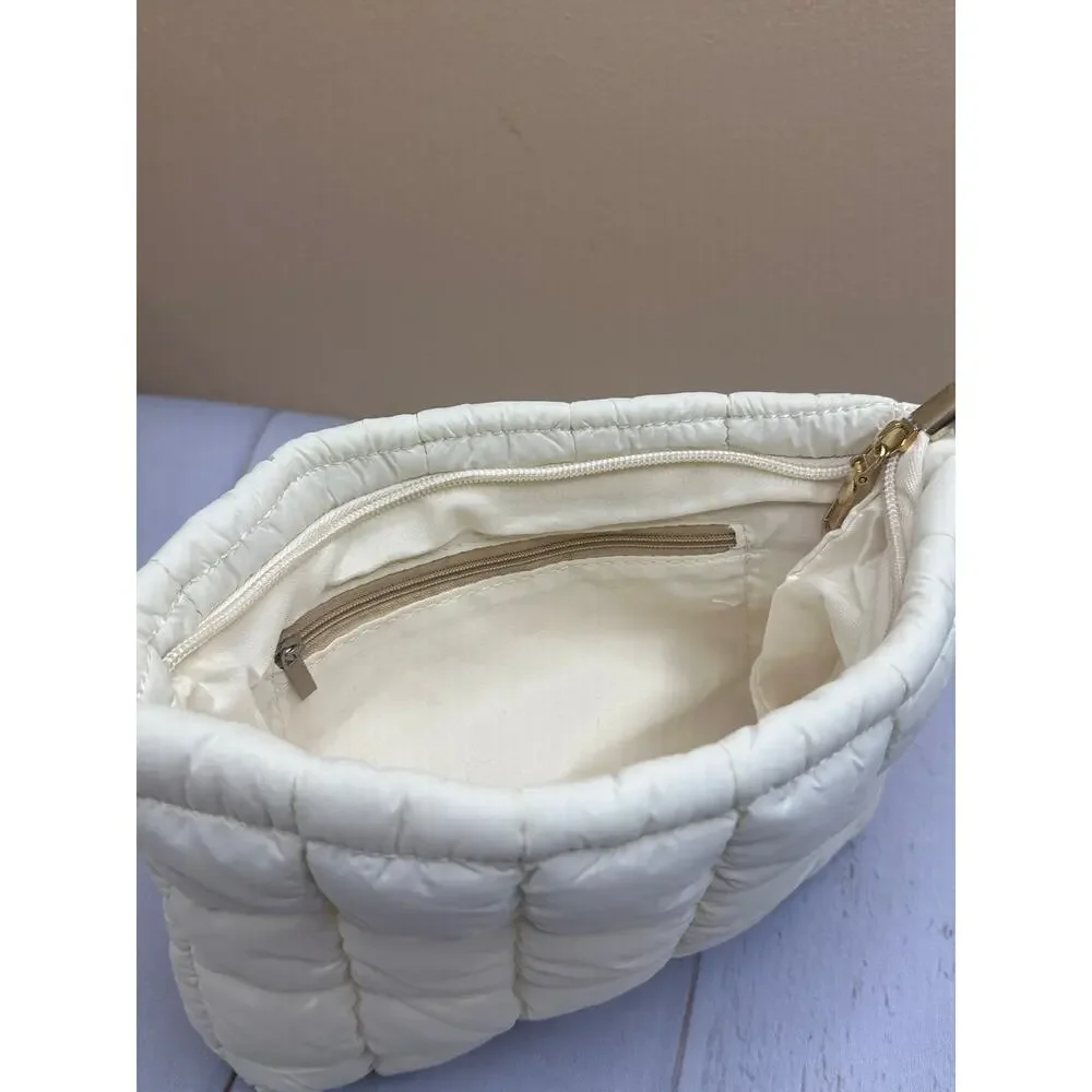 Puffy Quilted Makeup Bag White Checkered Travel Cosmetic Toiletry‎ NEW