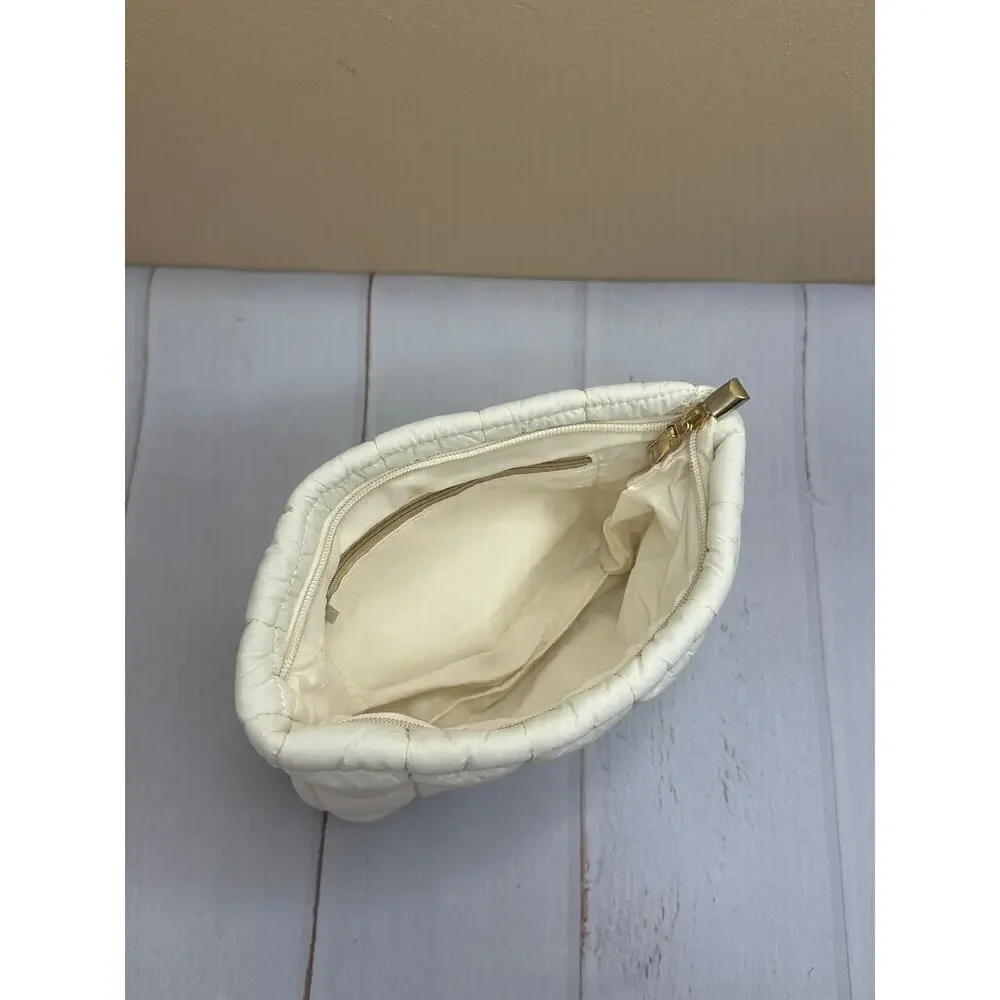 Puffy Quilted Makeup Bag White Checkered Travel Cosmetic Toiletry‎ NEW