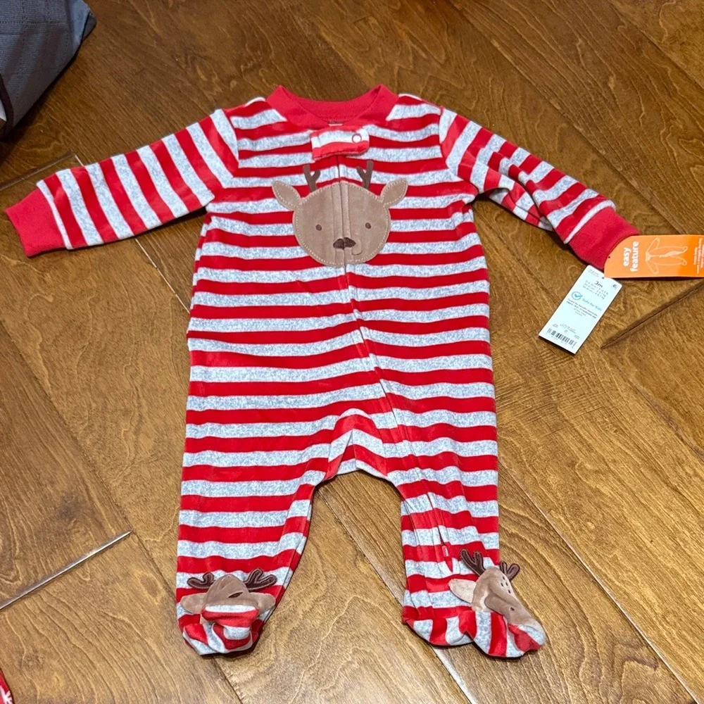 NWT Size 6M Red and Gray Fleece Striped Onesie with Reindeer
