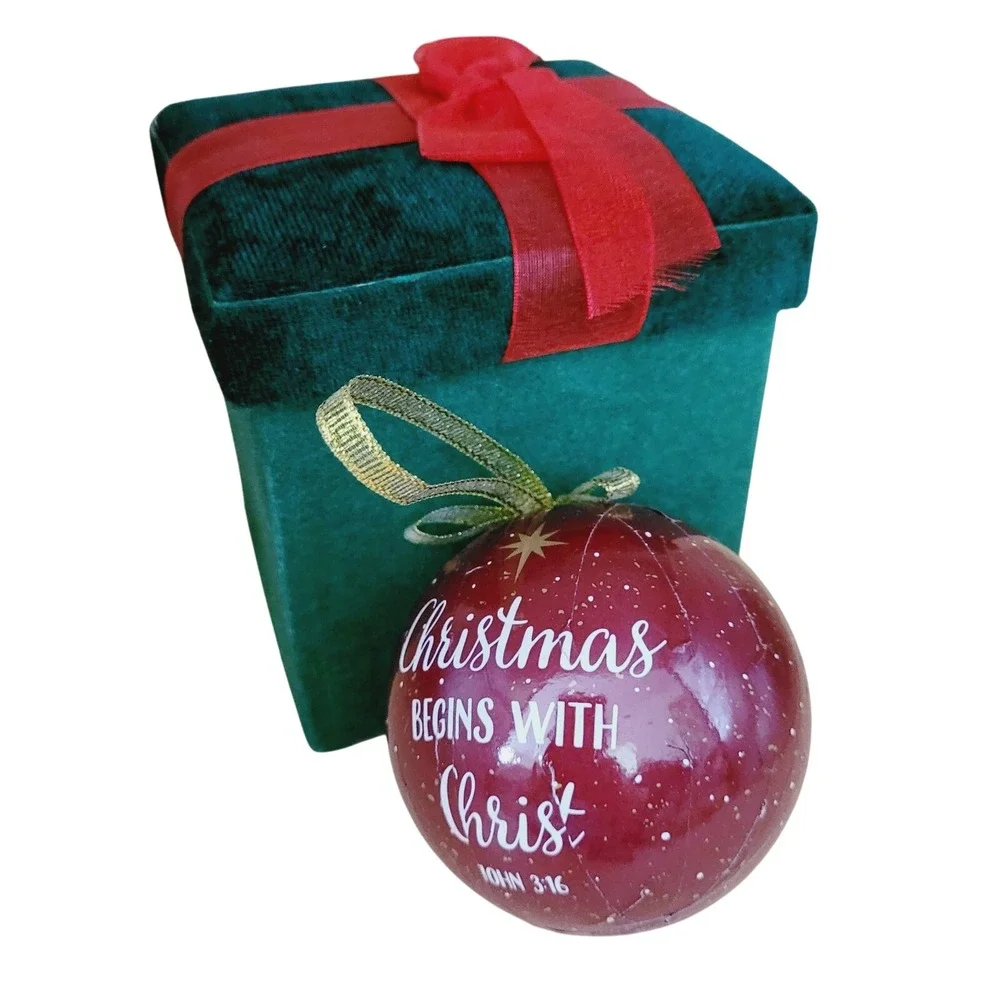 Christmas Begins With Christ Ornament w Gift‎ Box Paper Mache Red