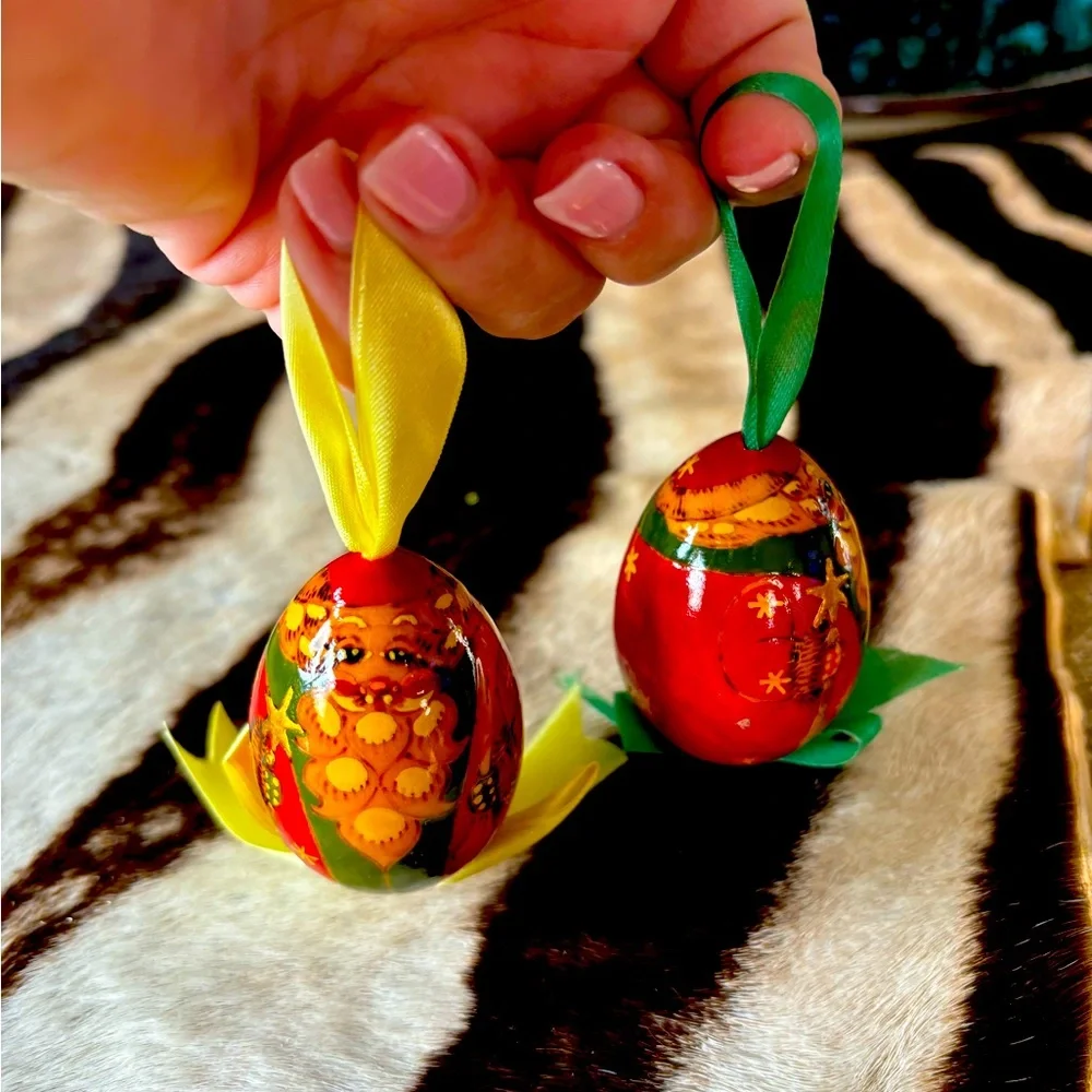 Russian hand painted egg ornaments. Bundle of 2. With‎ ribbons. Wooden