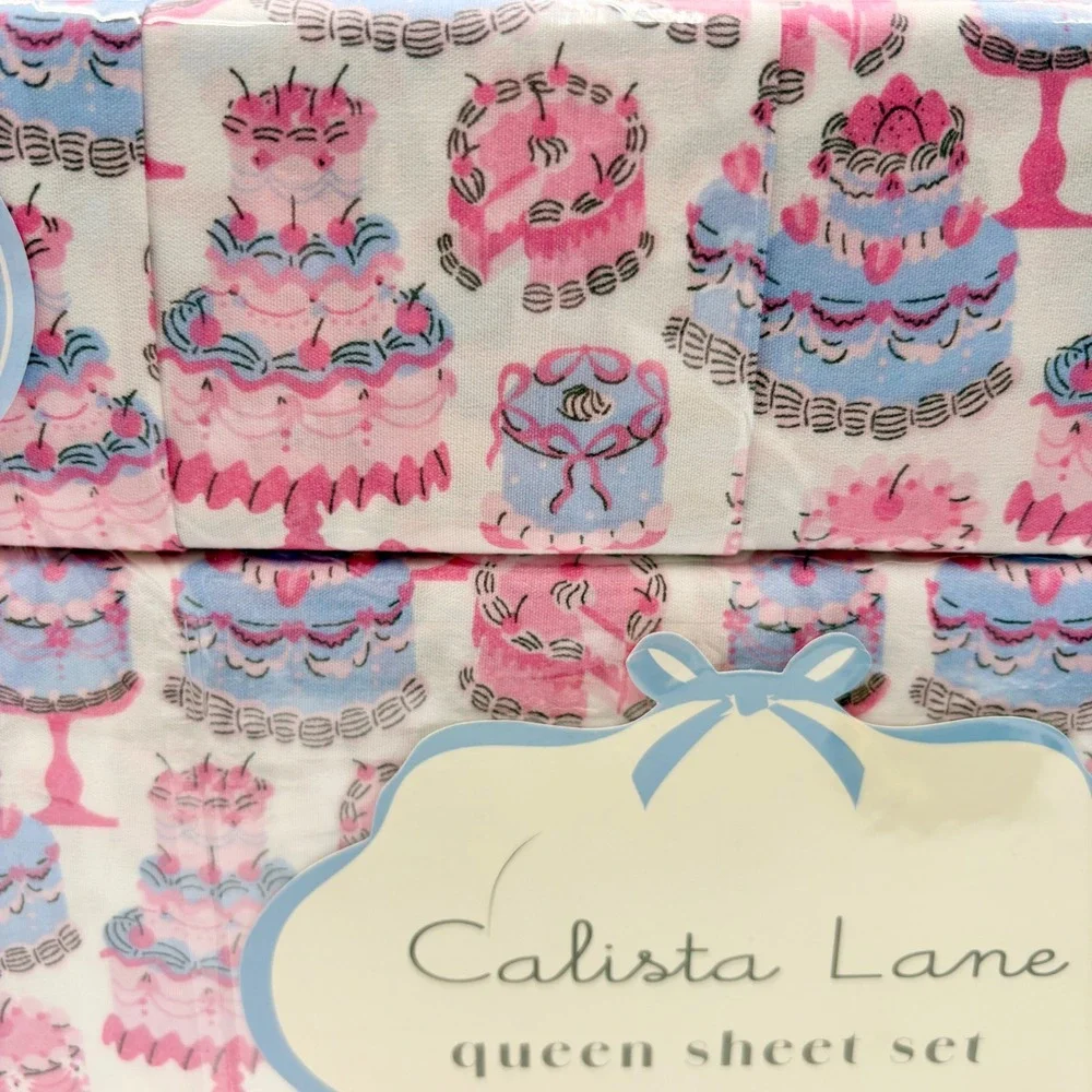 Calista Lane Queen Sheet Set Let Them Eat Cake Pink Blue 6 Piece Deep Pocket NEW