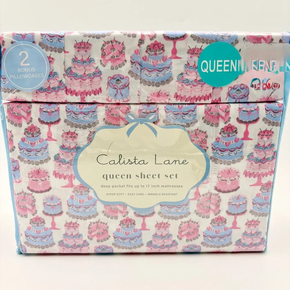 Calista Lane Queen Sheet Set Let Them Eat Cake Pink Blue 6 Piece Deep Pocket NEW