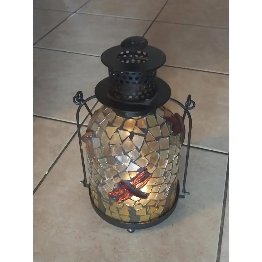 Dragonfly Mosaic Glass Garden Patio Tea‎ Light Holder Lantern with Handle